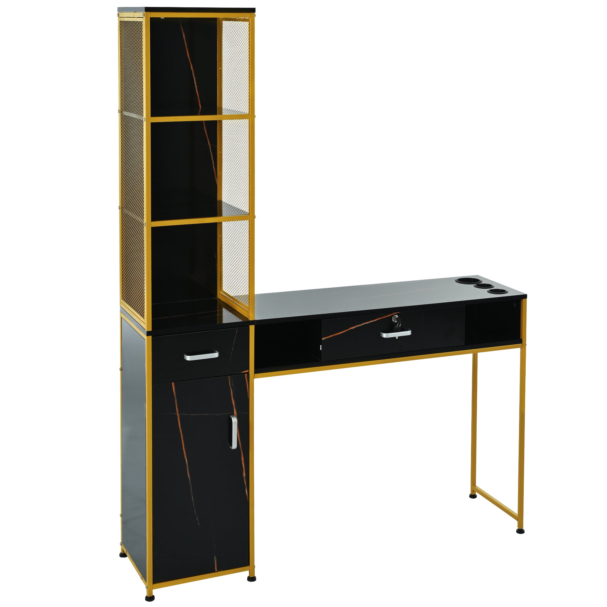 🆓🚛 Barber Salon Station for Hair Stylist, Beauty Salon Station With Lockable Drawer, Left Shelf and Storage Cabinet, Beauty Spa Equipment, Mirror Not Included, Black & Yellow