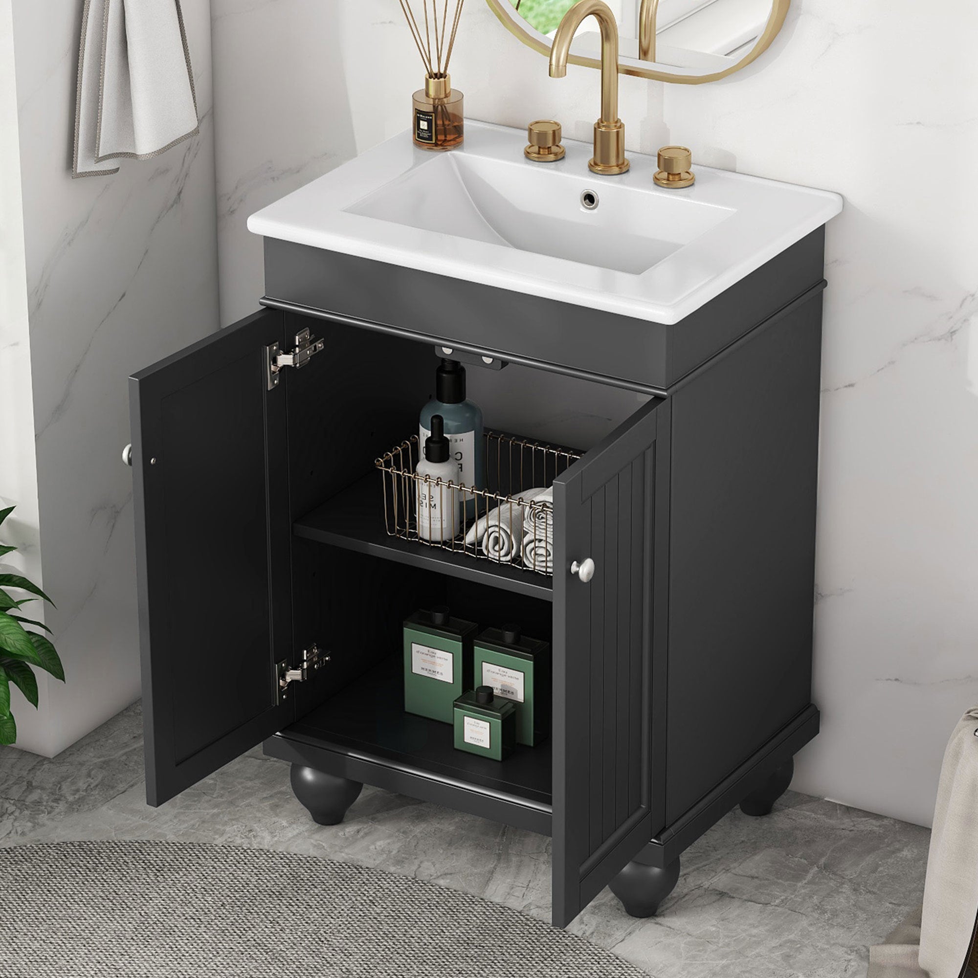 24" Black Modern Sleek Bathroom Vanity Elegant Ceramic Sink With Solid Wood Frame, Adjustable Shelf