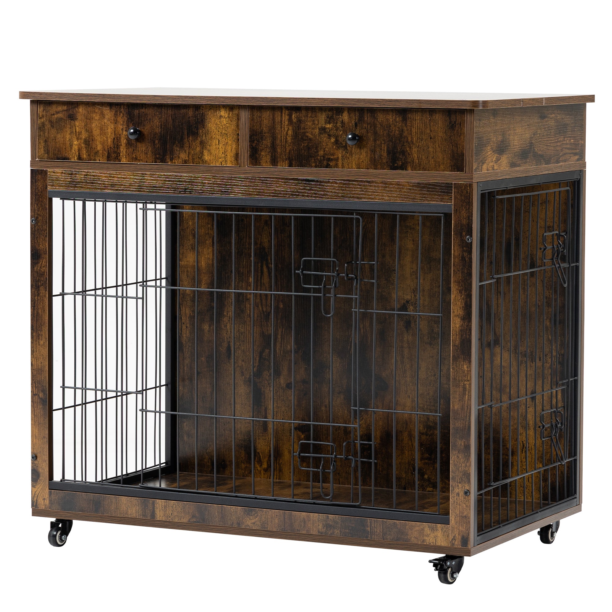 🆓🚛 Dog Crate Furniture, Wooden Dog Crate End Table, 38.4" Dog Kennel With 2 Drawers Storage, Heavy Duty Dog Crate, Decorative Pet Crate Dog Cage for Large Indoor Use (Rustic Brown) 38.4" L×23.2" W×35