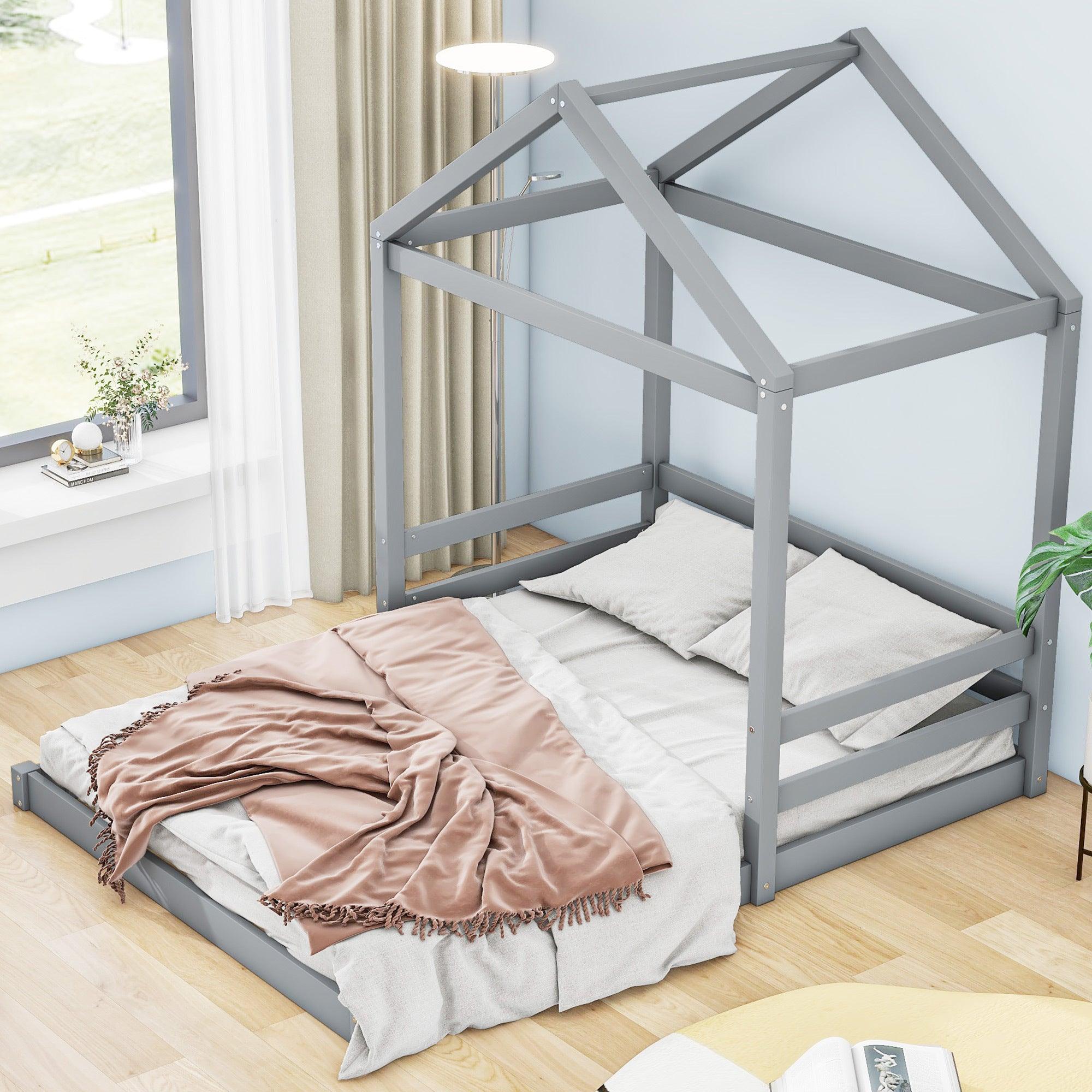 🆓🚛 Wood Full Size House Bed With Guardrail, Gray