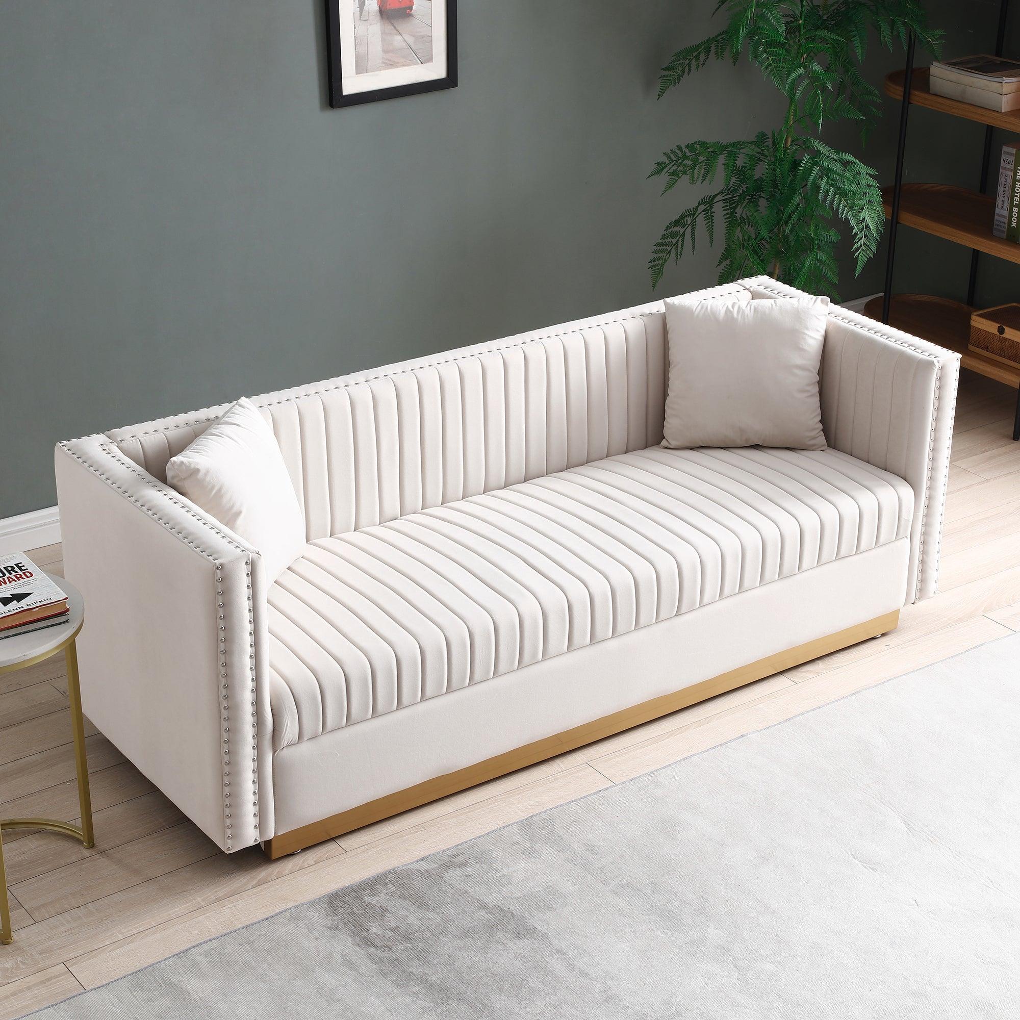 🆓🚛 Contemporary Vertical Channel Tufted Velvet Sofa Modern Upholstered Couch for Living Room Apartment With 2 Pillows, Beige