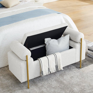 Elegant Upholstered Linen Storage Bench W/ Cylindrical Arms & Iron Legs For Hallway Living Room Bedroom - White