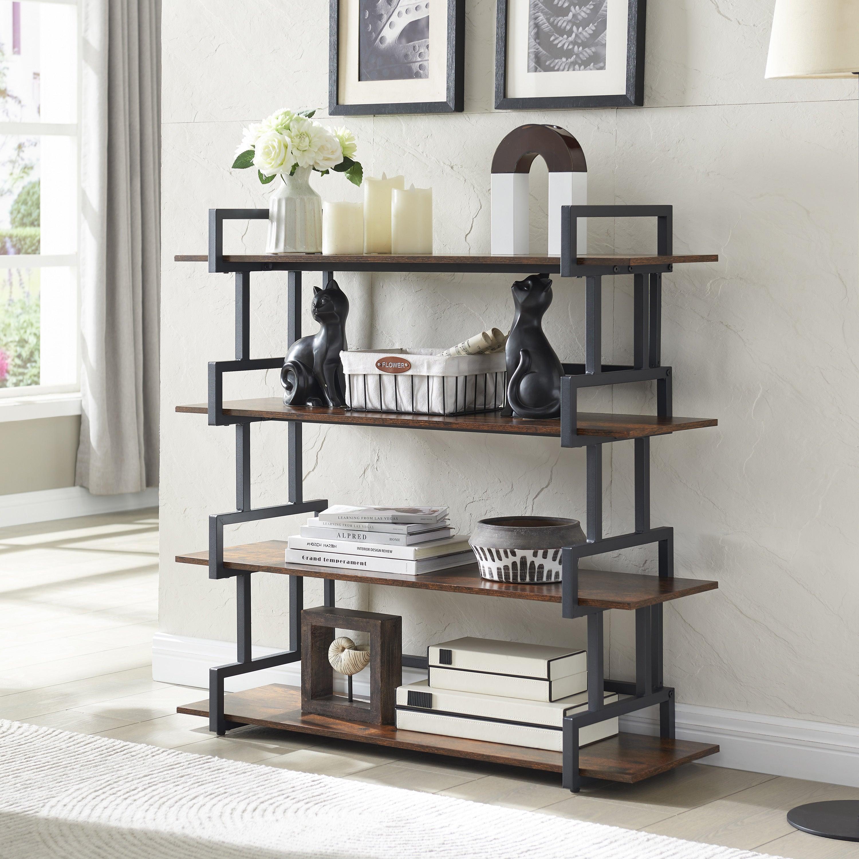 🆓🚛 4 Tier Office Bookcase Shelf Rustic Wood Metal Bookshelves Freestanding Open Book Shelf, Industrial Tall Corner Bookcase Easy To Assemble for Home Office, Living Room & Bedroom,