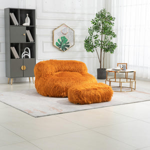 Gramanda 2-In-1 Bean Bag Chair Faux Fur Lazy Sofa & Ottoman Footstool For Adults And Kids - Orange