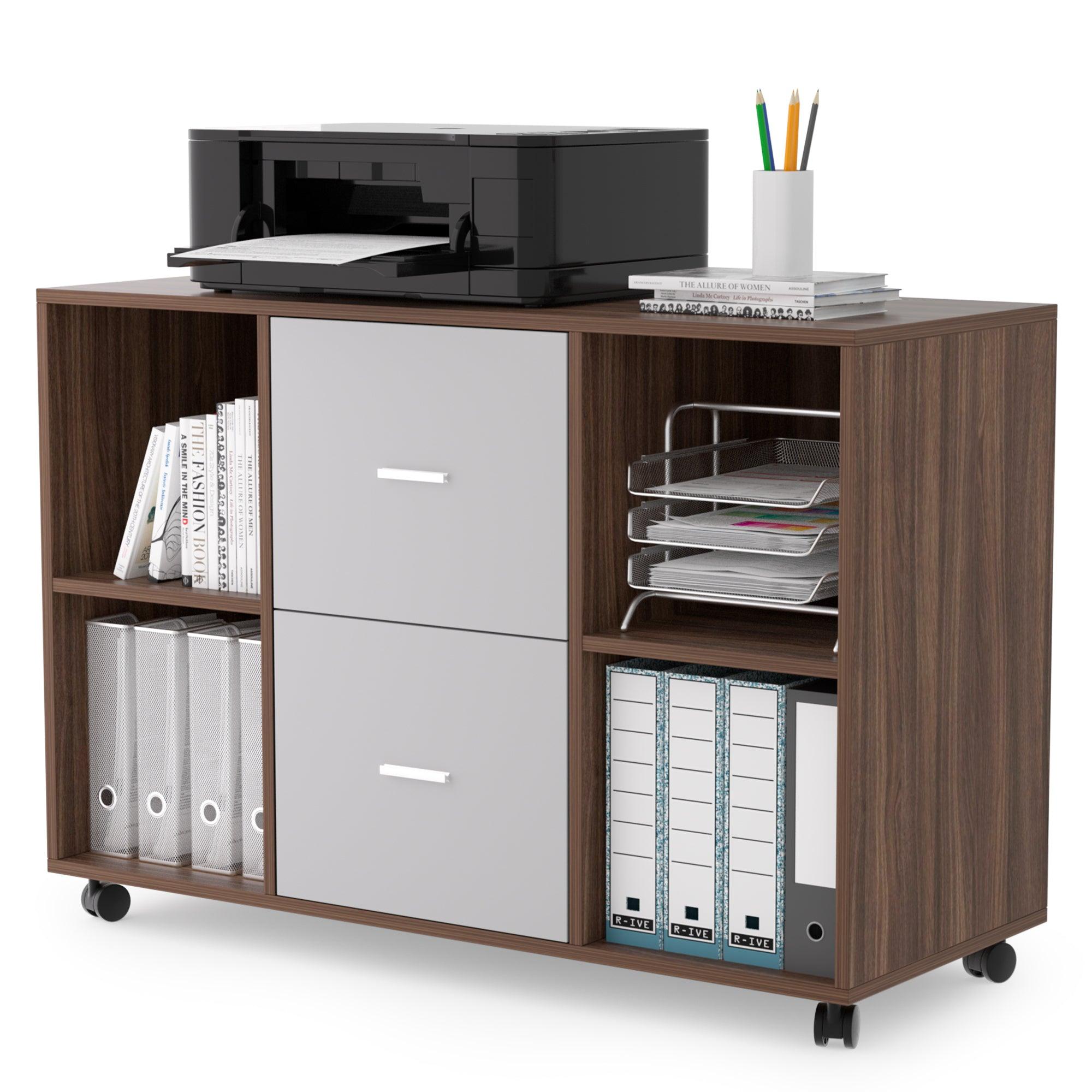 🆓🚛 Mobile Lateral Filing Cabinet With 2 Drawers & 4 Open Storage Cabinets, for Home Office, Walnut - Light Gray