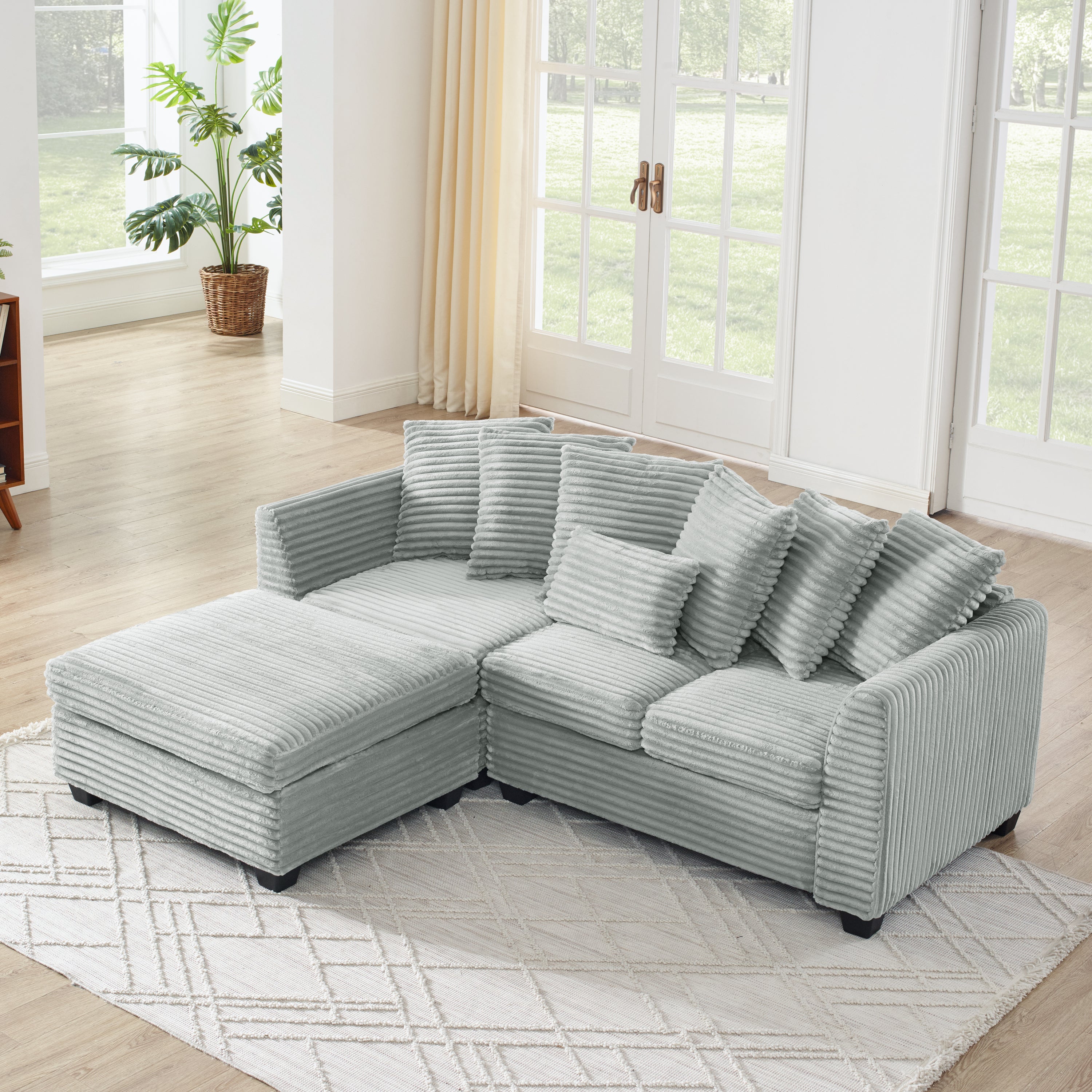 Corduroy Tufted Upholstered Sofa, L-Shaped Modular Convertible Sofa , Gray