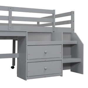 Full Size Loft Bed with Desk and Drawers, Wooden Loft Bed with Lateral Portable Desk, Gray