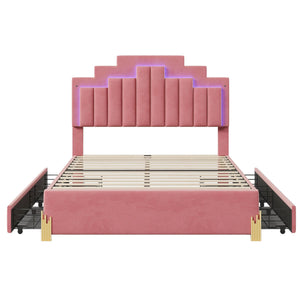 Full Size Upholstered Platform Bed with LED Lights and 4 Drawers, Stylish Irregular Metal Bed Legs Design, Pink