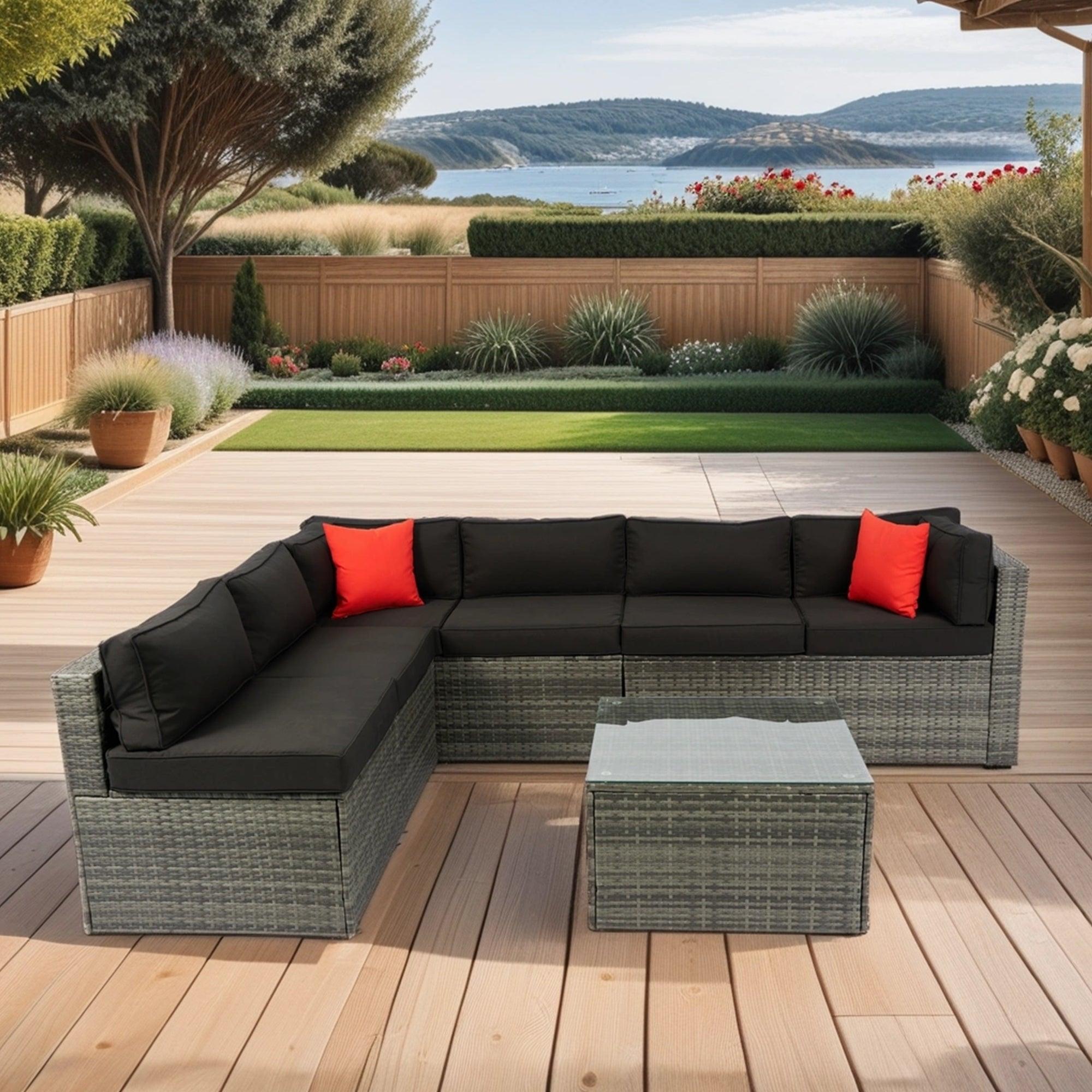 🆓🚛 5 Pieces PE Rattan sectional Outdoor Furniture Cushioned U Sofa set with 2 Pillow Grey wicker + Black Cushion