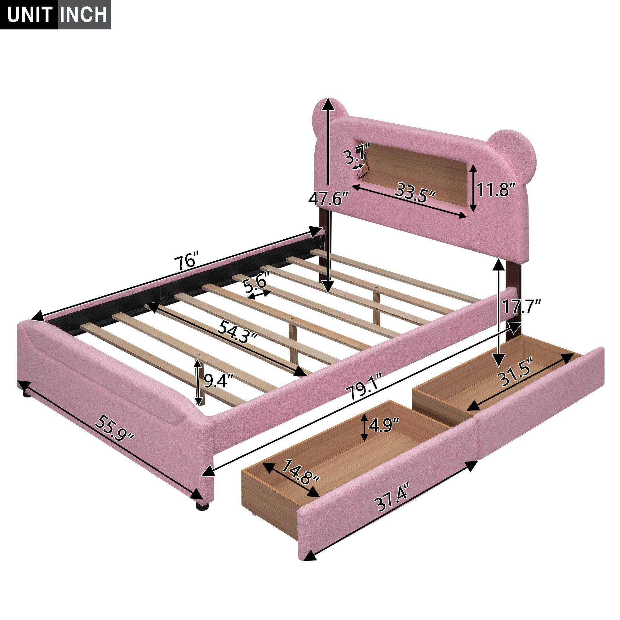 Full Size Upholstered Storage Platform Bed with Cartoon Ears Headboard, LED and USB, Pink