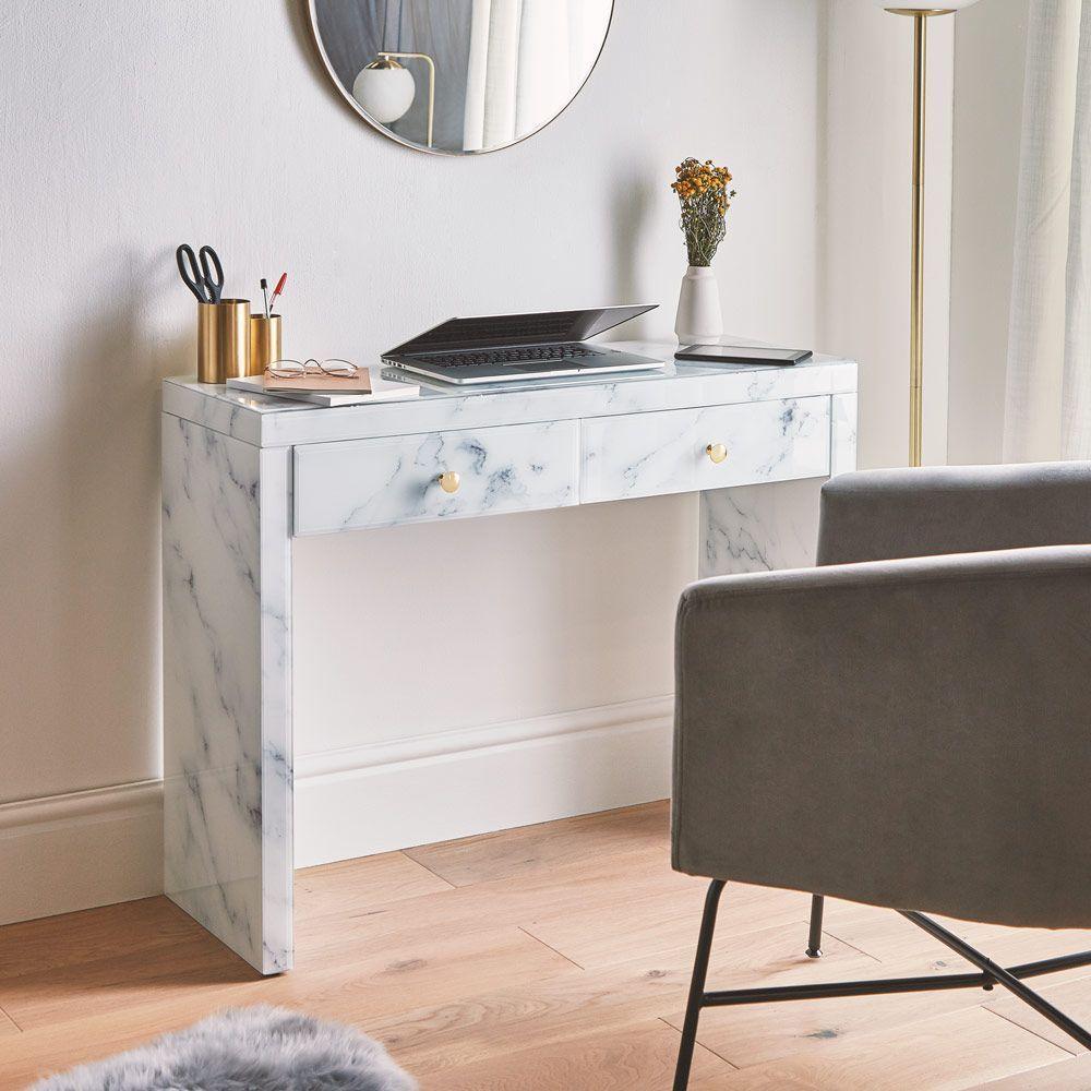 🆓🚛 Modern Design Tempered Glass Marble Texture Vanity Table Dressing Table for Bedroom, Living Room