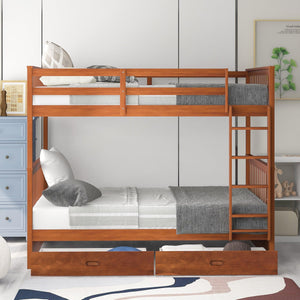 Full-Over-Full Bunk Bed with Ladders and Two Storage Drawers (Walnut)