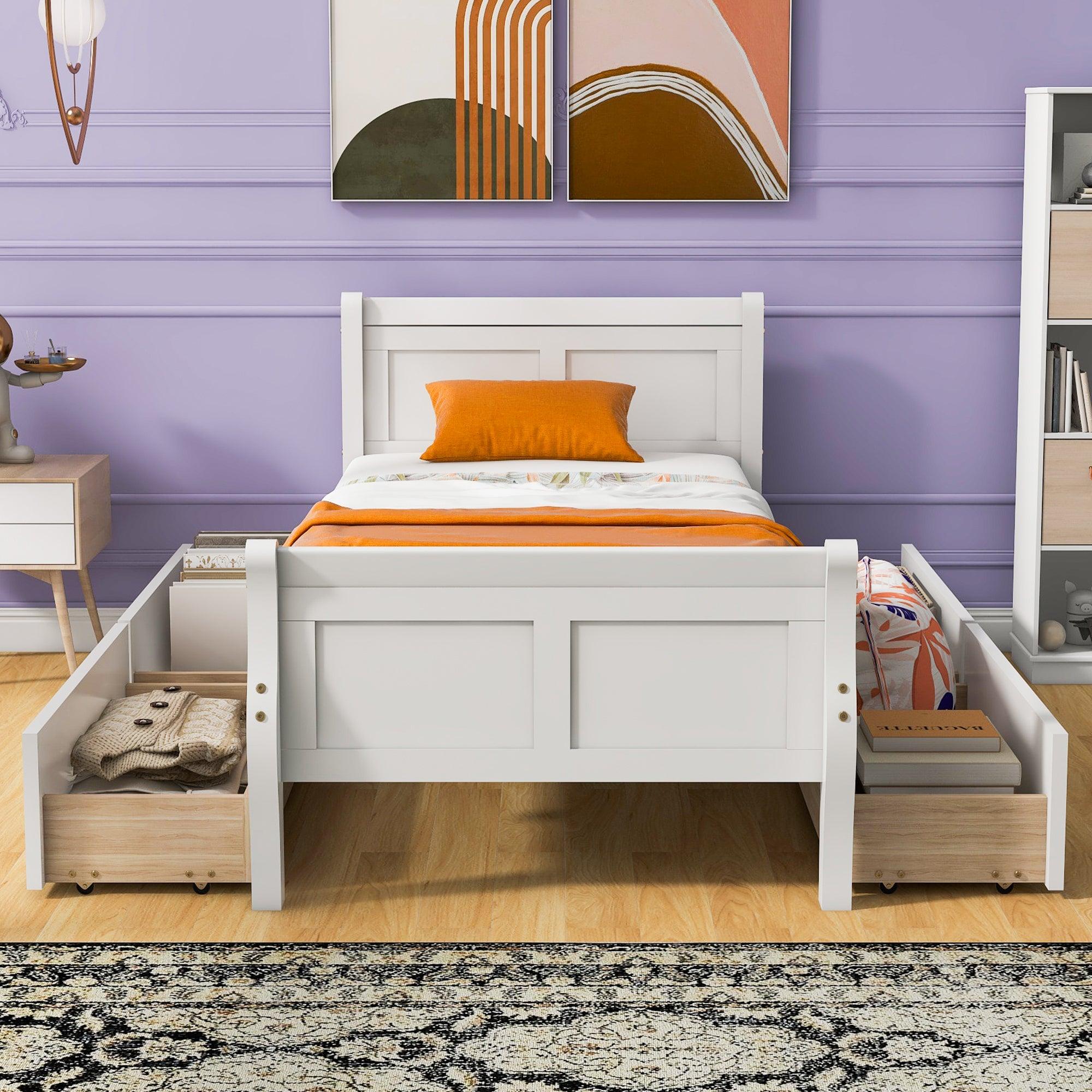 🆓🚛 Twin Size Wood Platform Bed With 4 Drawers & Streamlined Headboard & Footboard, White