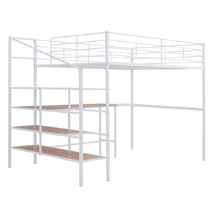 Full Size Metal Loft Bed with Desk and Lateral Storage Ladder, White