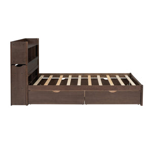 Full Size Storage Platform Bed with Pull Out Shelves, Twin Size Trundle and 2 Drawers, Espresso