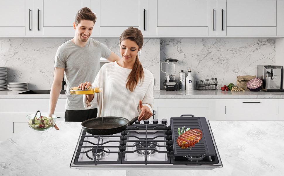 🆓🚛 34" Gas Cooktop With Griddle, 5 Burner Gas Stove Top, Cook Top Stove Gas With Cast Iron Griddle, Natural Gas/Propane Gas Convertible, Stainless Steel