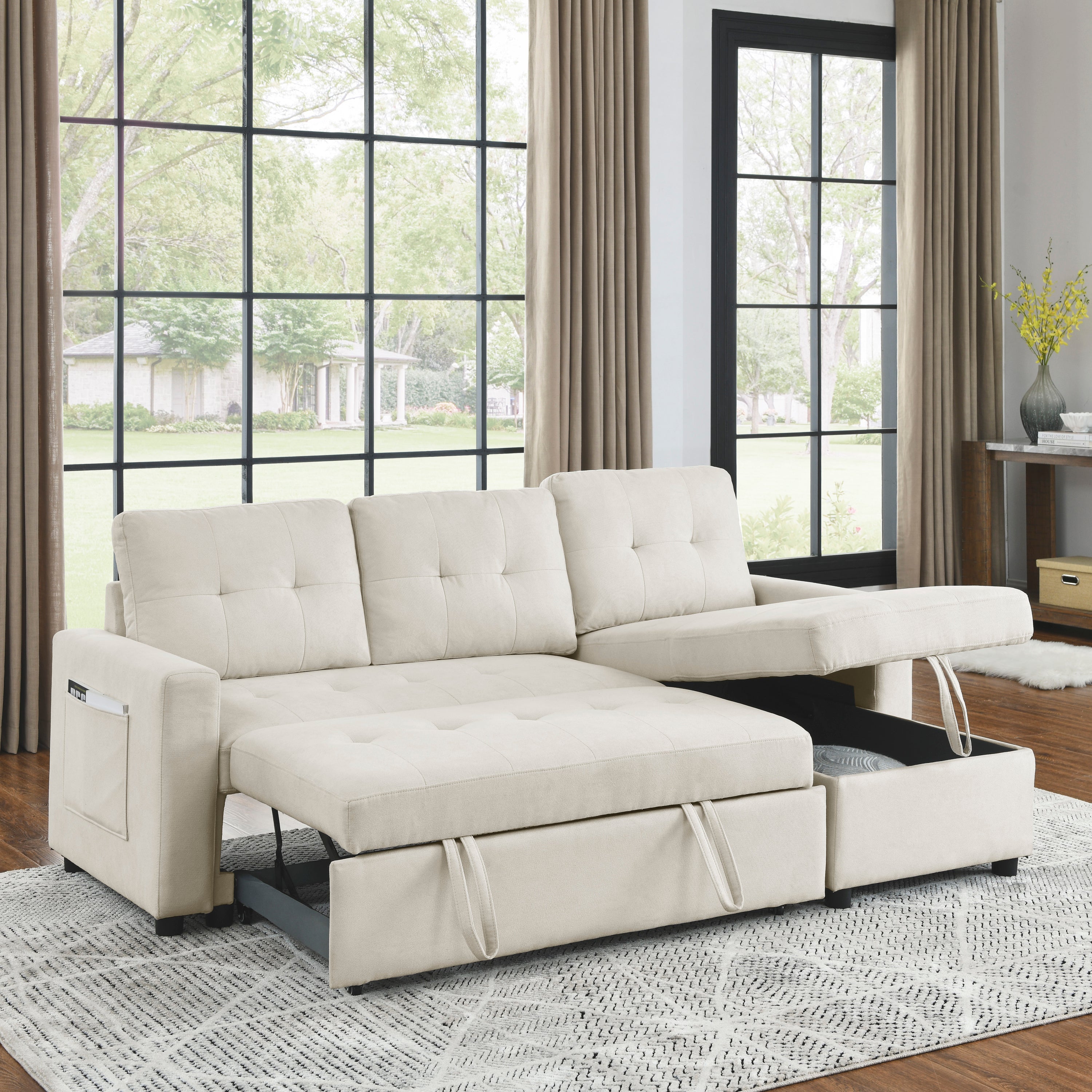 🆓🚛 78.5" Sleeper Sofa Bed Reversible Couch With Storage, Beige