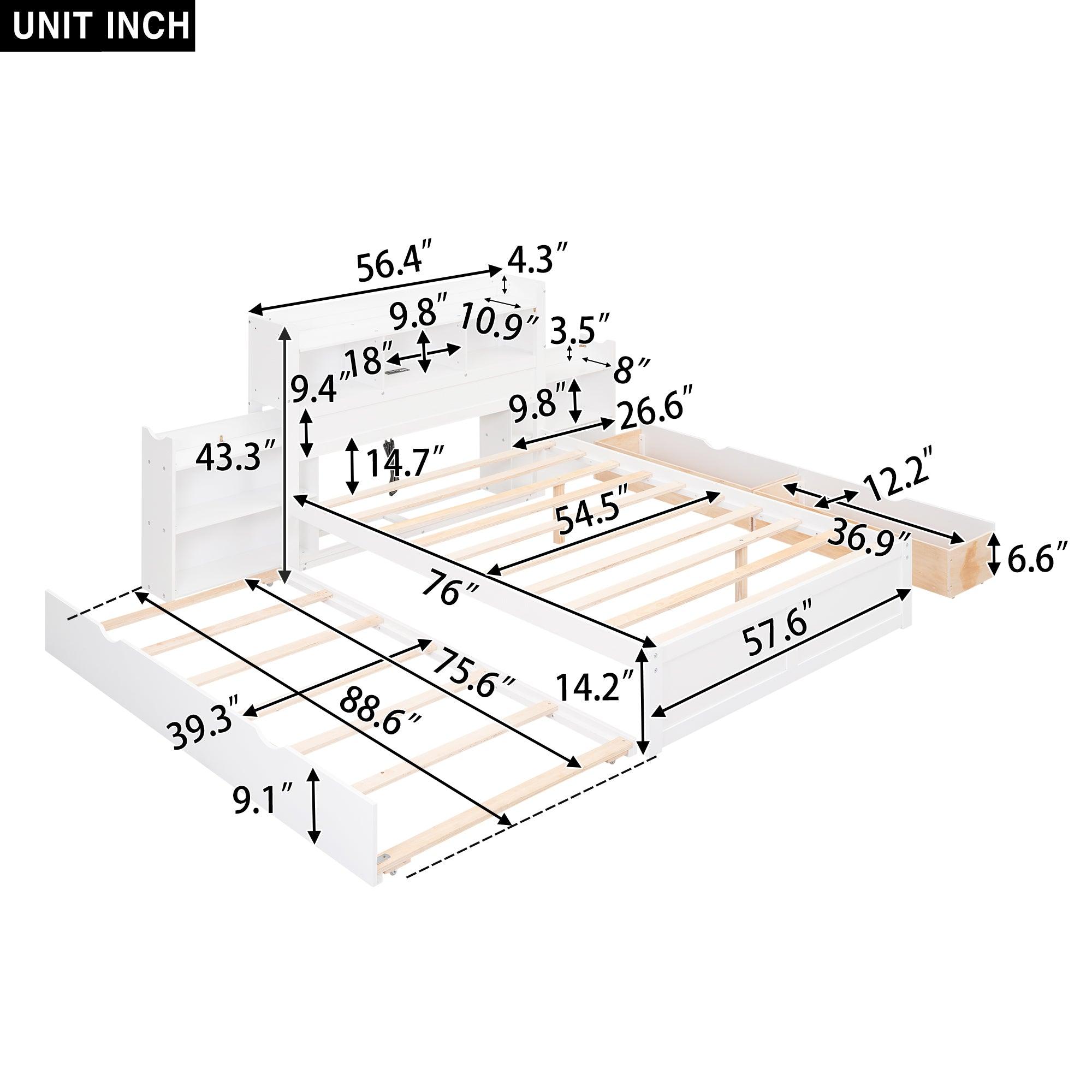 Full Size Storage Platform Bed with Pull Out Shelves, Twin Size Trundle and 2 Drawers, White