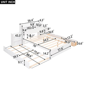 Full Size Storage Platform Bed with Pull Out Shelves, Twin Size Trundle and 2 Drawers, White