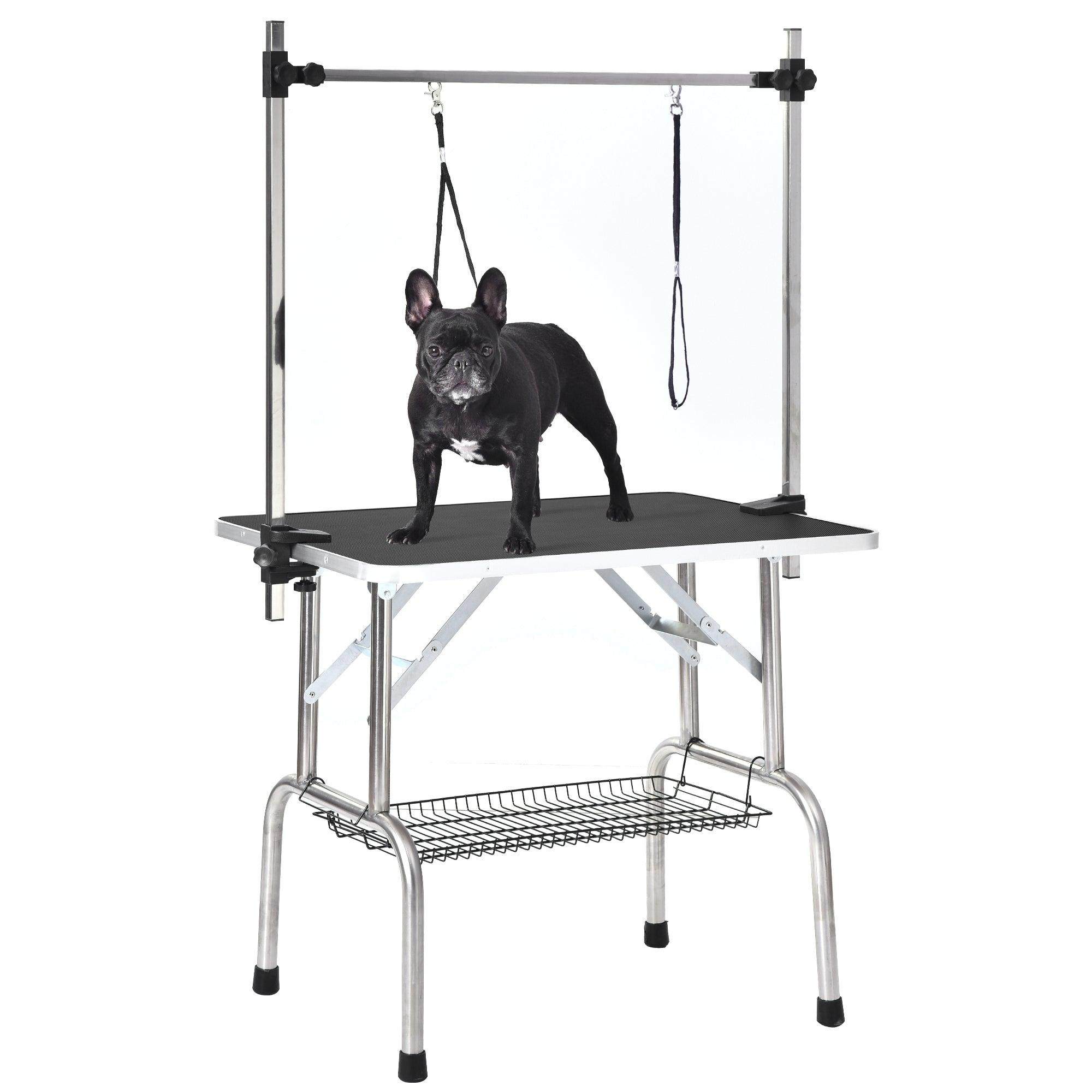 Folding Pet Grooming Table Stainless Legs and Arms Black Rubber Top Storage Basket