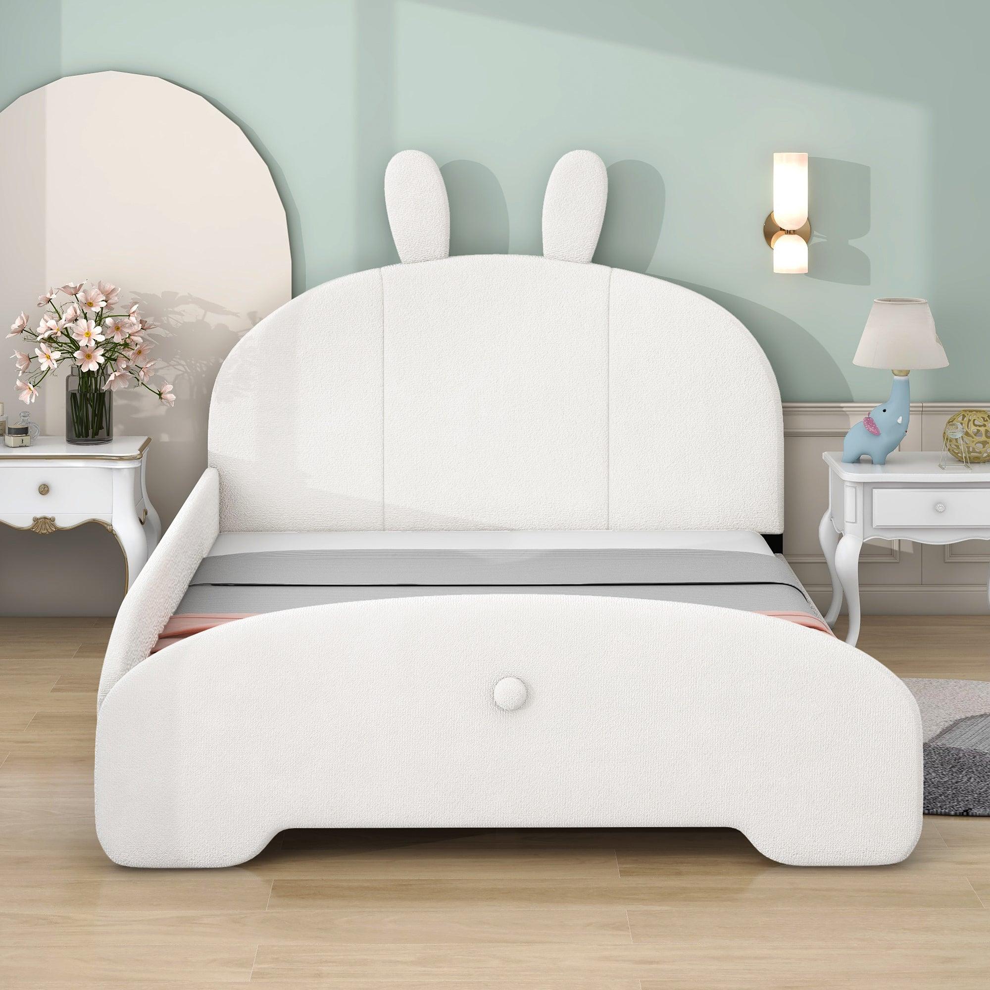 🆓🚛 Full Size Upholstered Platform Bed With Cartoon Ears Shaped Headboard, White