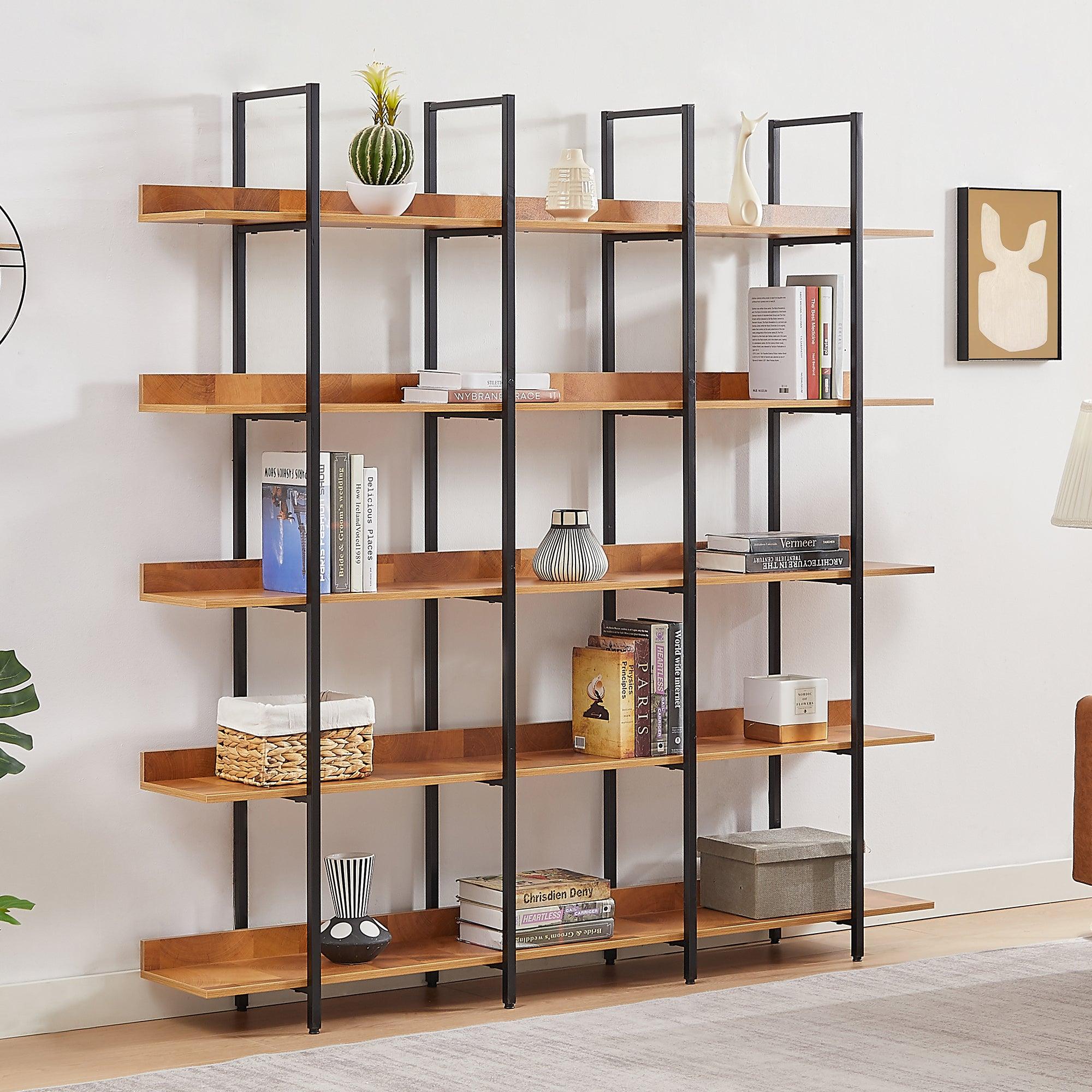 🆓🚛 5 Tier Bookcase Home Office Open Bookshelf, Vintage Industrial Style Shelf, Black Metal Frame, Brown