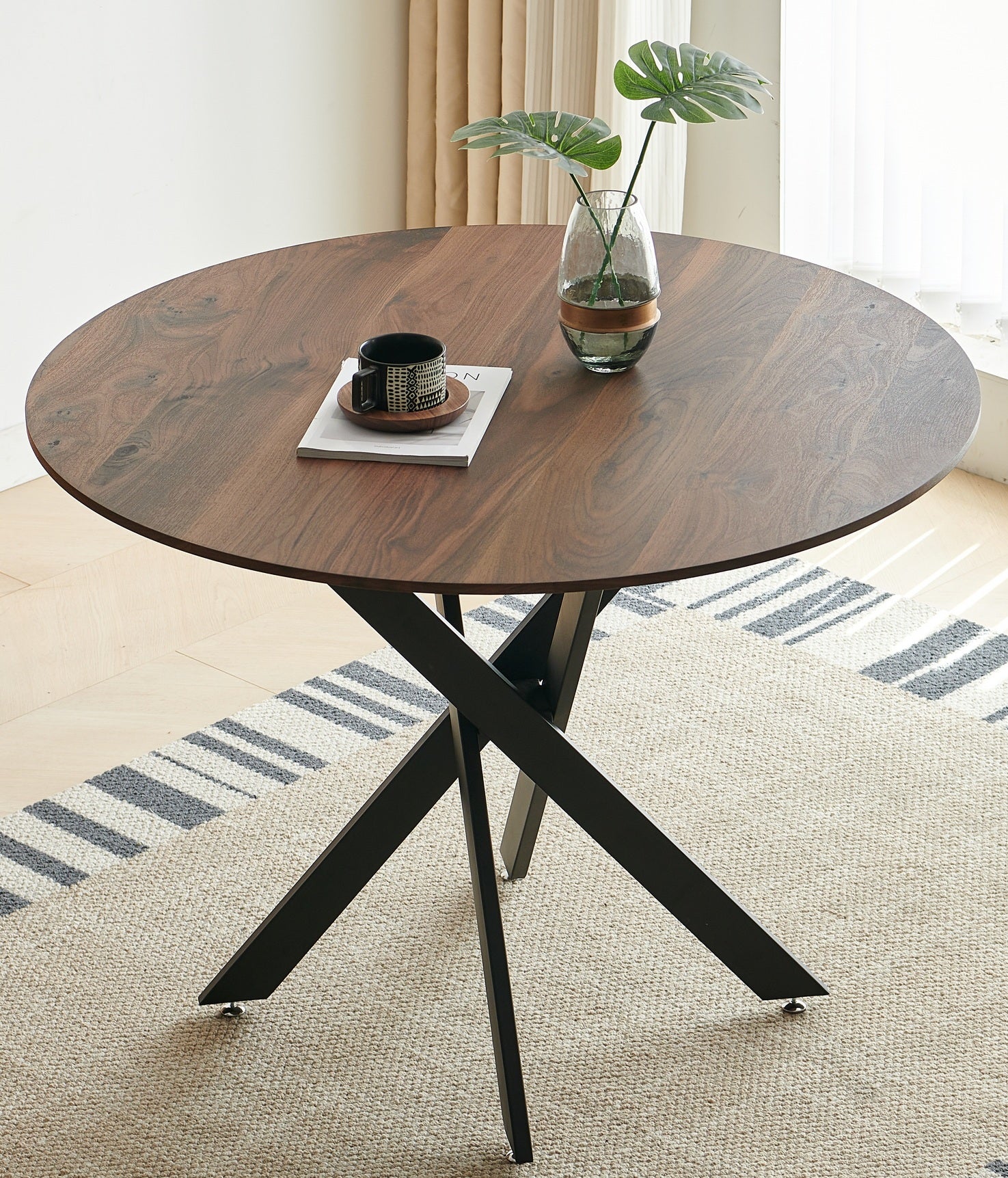 42.1" Black and Wood Color Table Mid-Century Dining Table for 4-6 People With Round Mdf Table Top, Pedestal Dining Table, End Table Leisure Coffee Table, Cross Leg