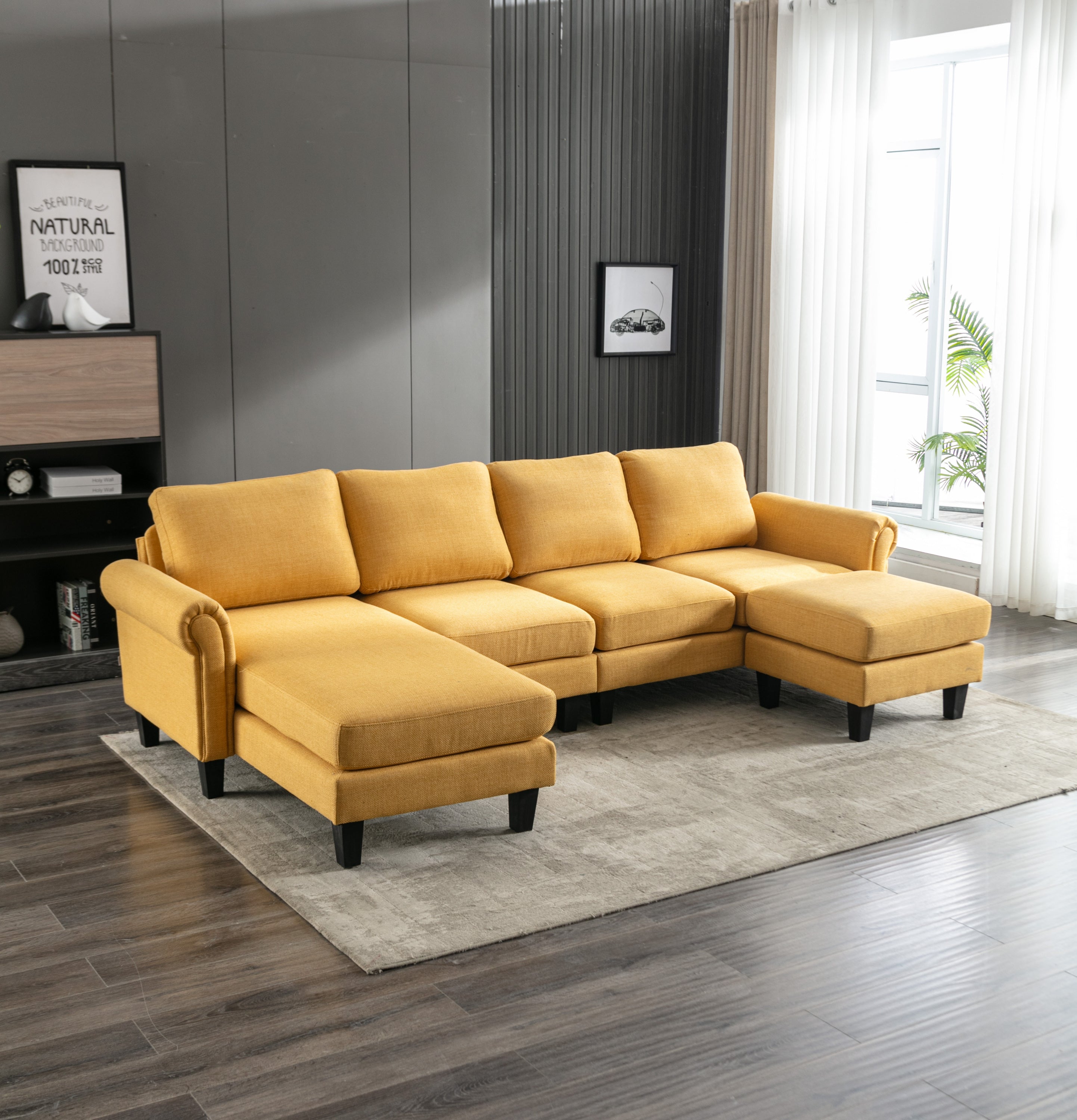 🆓🚛 108" L-Shaped 4-Seater Sectional Sofa Couch With Ottoman, Yellow