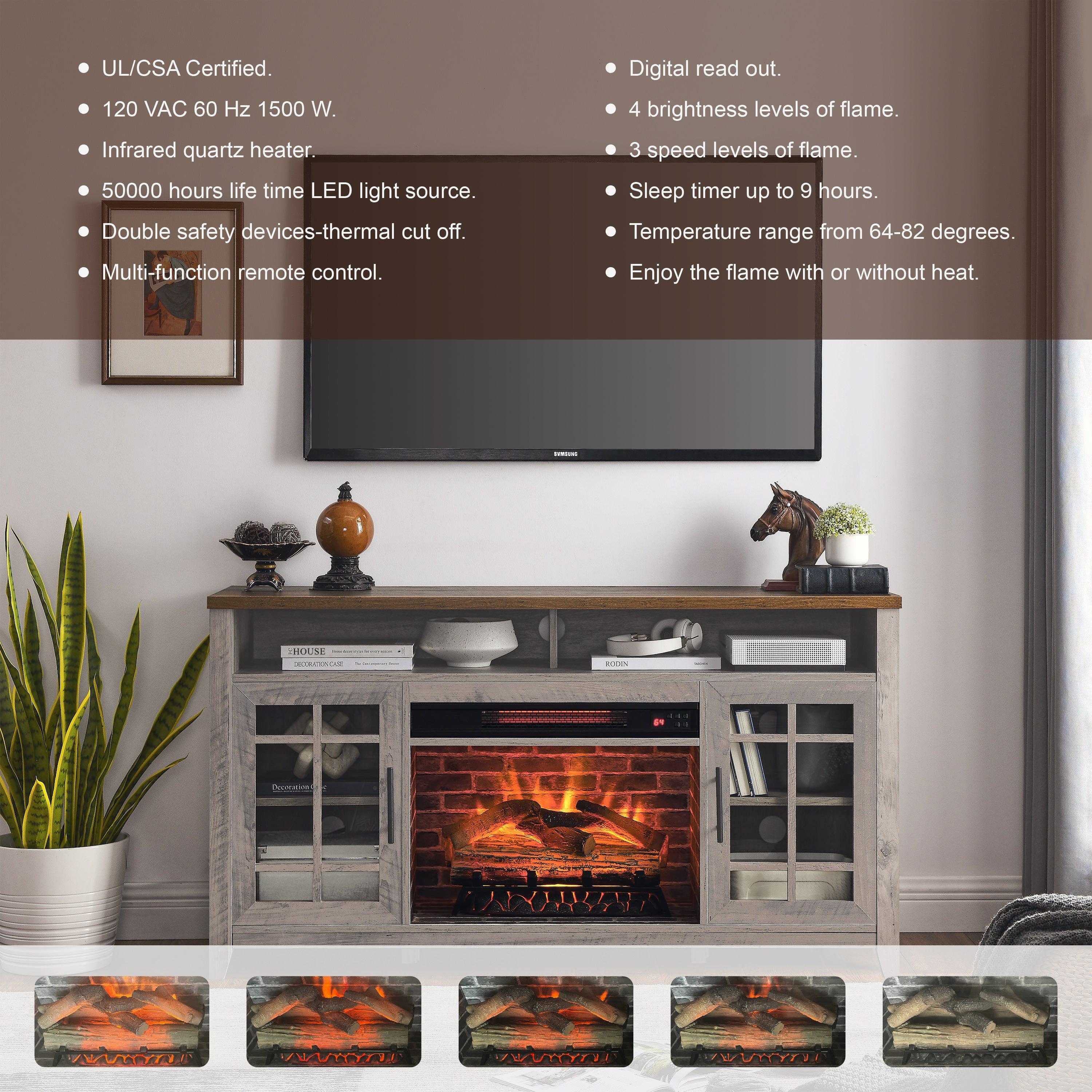 🆓🚛 55 Inch TV Media Stand With Electric Fireplace Kd Inserts Heater, Gray Wash Color