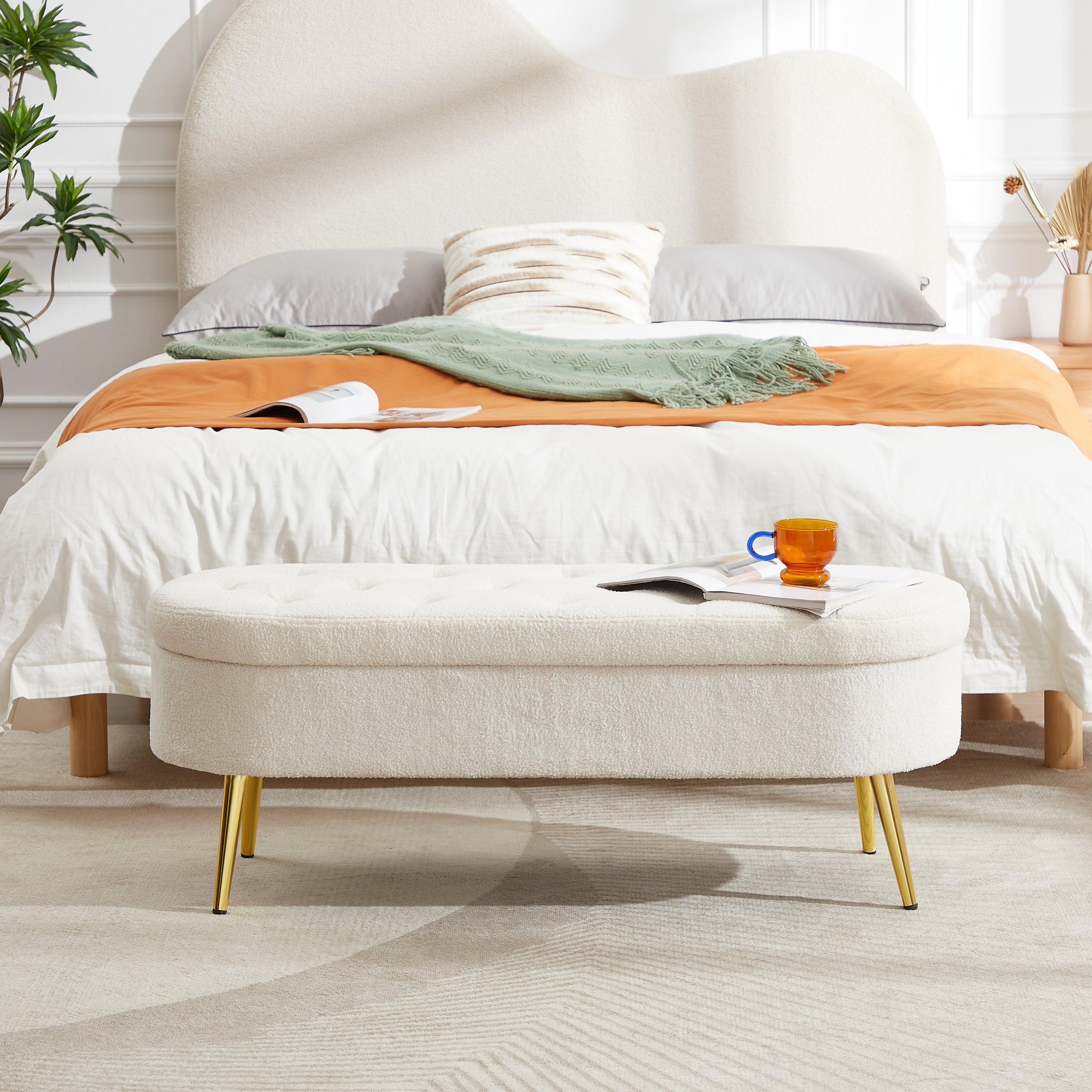 🆓🚛 Storage Bench Velvet Suit a Bedroom Soft Mat Tufted Bench Sitting Room Porch Oval Footstool Beige White Teddy Velvet