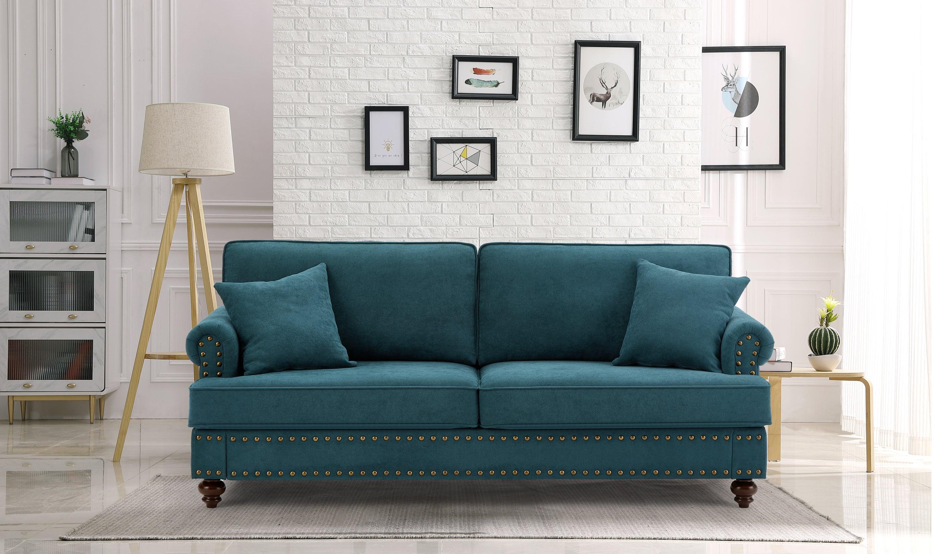 🆓🚛 Modern Sofa for Living Room, 82" Green Chenille Sofa Couch, Sectional Love Seat Couch With Brown Legs, Upholstered Sofa for Apartment Bedroom Home Office