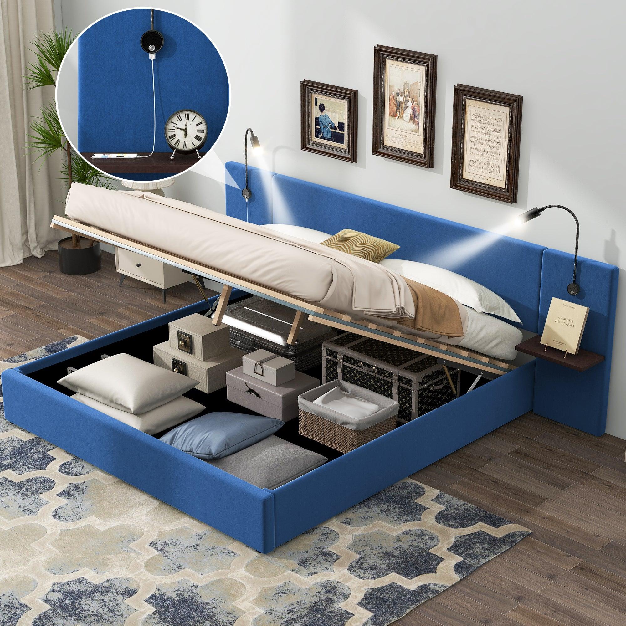 🆓🚛 Queen Size Storage Upholstered Hydraulic Platform Bed with 2 Shelves, 2 Lights and USB, Blue