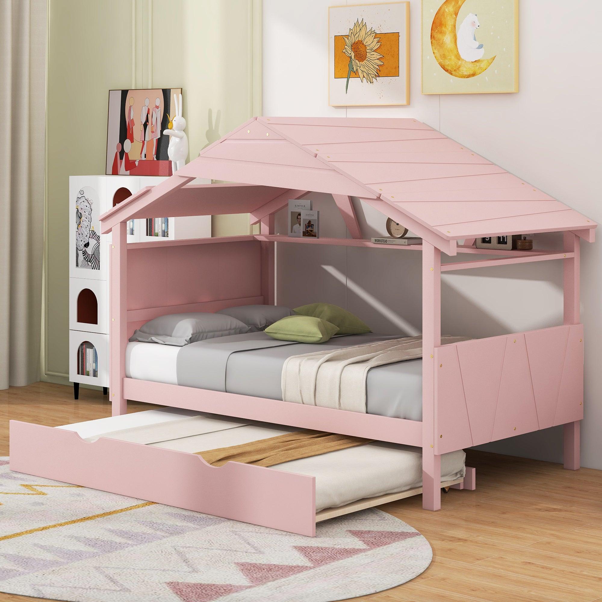 🆓🚛 Wood Twin Size House Bed With Trundle & Storage, Pink