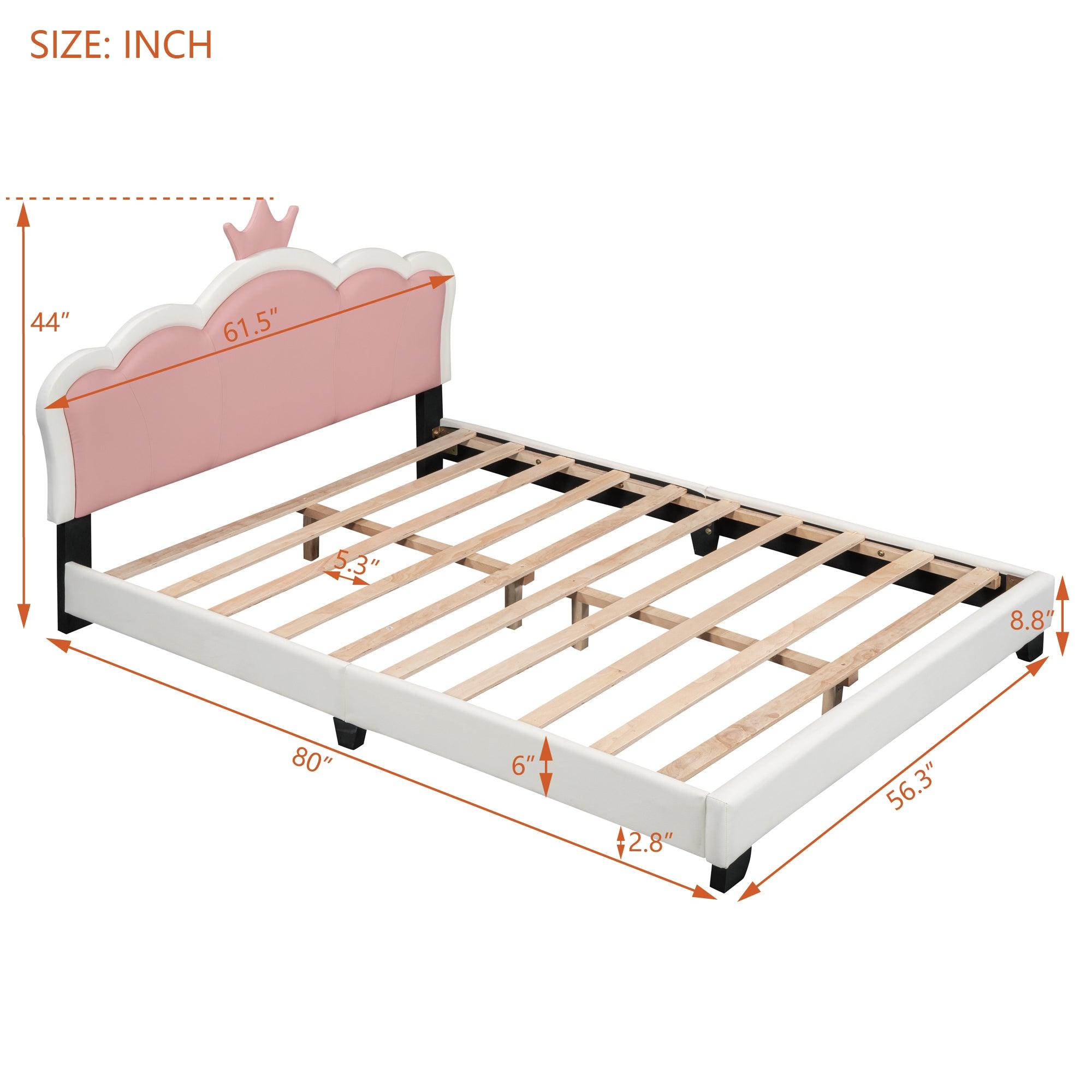 Full size Upholstered Princess Bed With Crown Headboard, Full Size Platform Bed with Headboard and Footboard, White+Pink