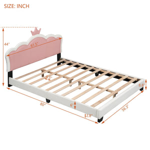 Full size Upholstered Princess Bed With Crown Headboard, Full Size Platform Bed with Headboard and Footboard, White+Pink