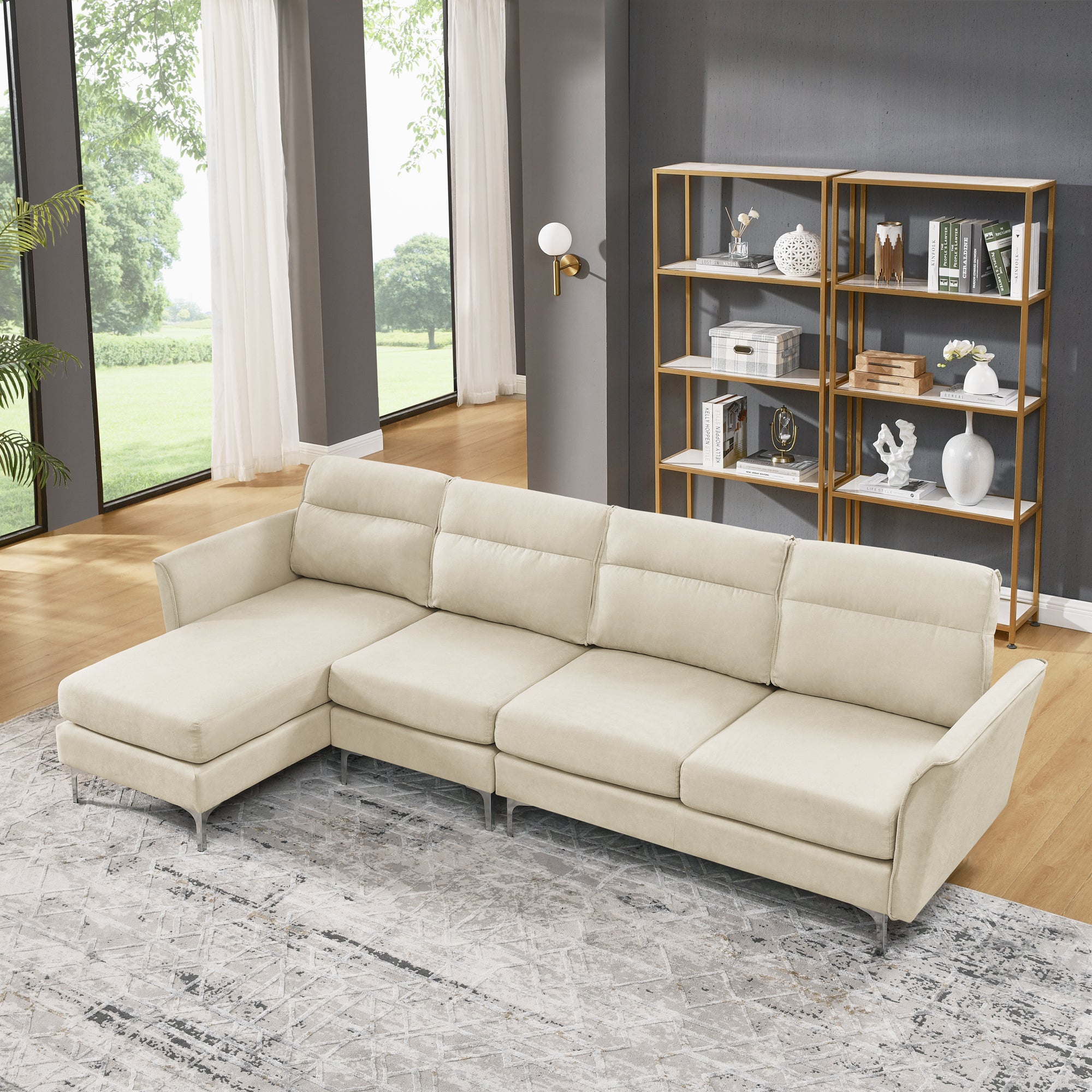 113" Modern Sofa 4-Seat Couch With Stainless Steel Trim and Metal Legs for Living Room, New Package Compression Sofa Technology, Beige