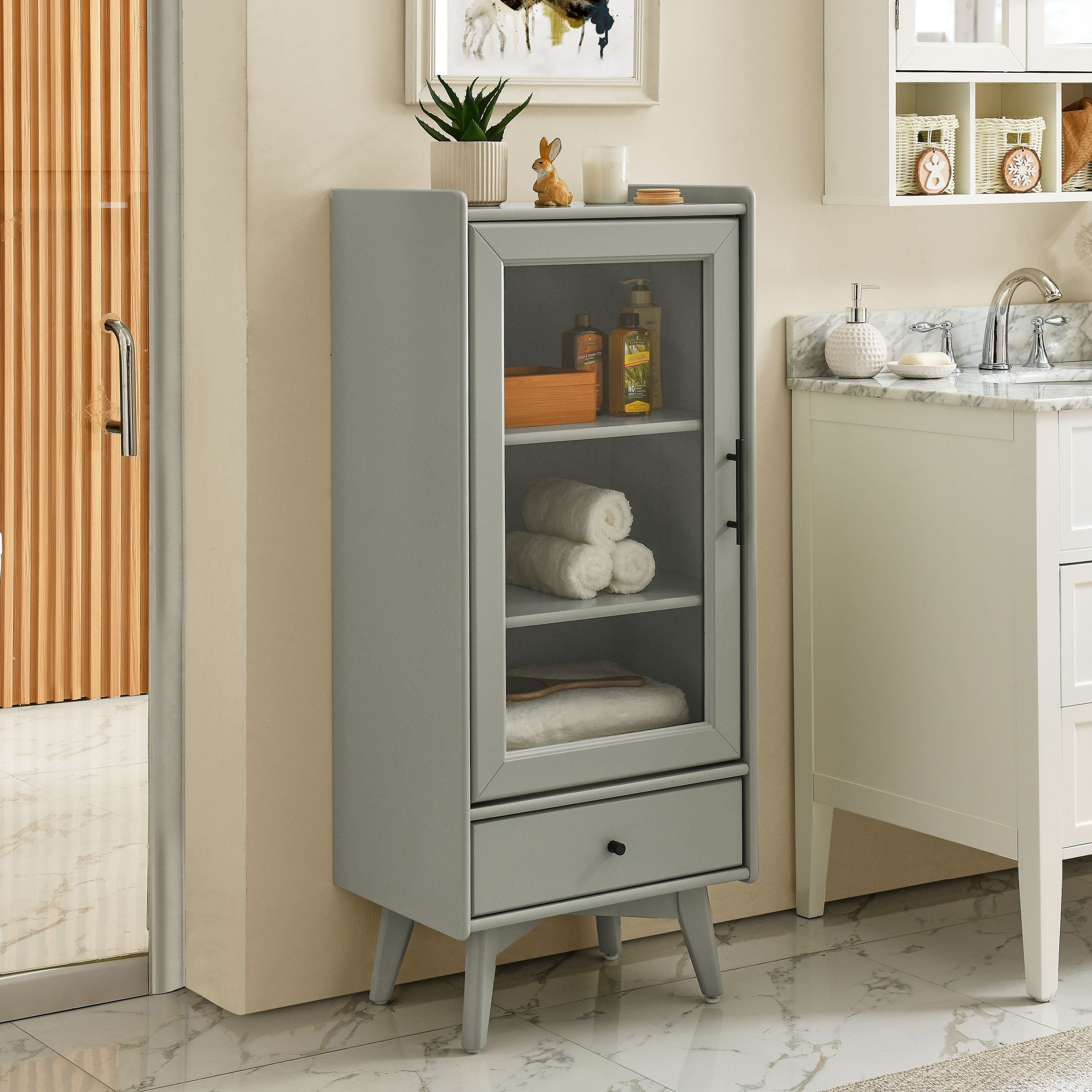 🆓🚛 Modern Bathroom Storage Cabinet, Glass Door, Double Adjustable Shelves & One Drawer, Gray (19.75"×13.75"×46")