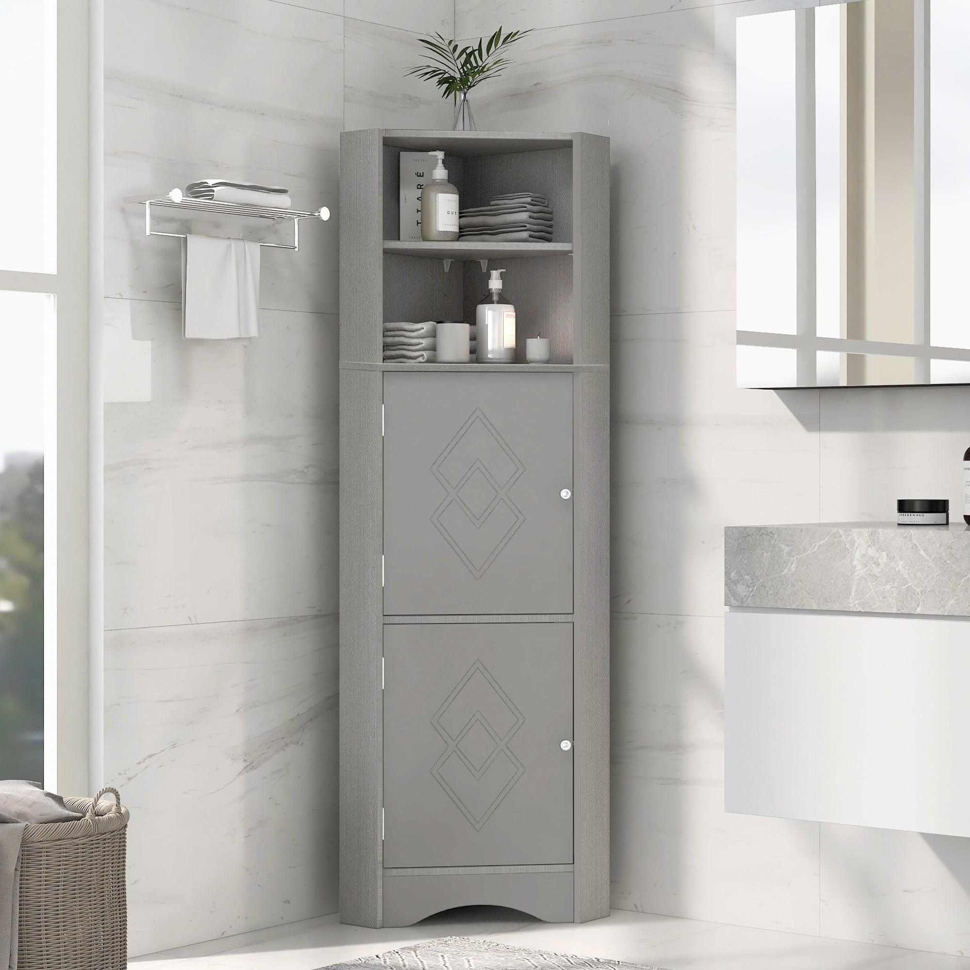 🆓🚛 Tall Bathroom Corner Cabinet, Freestanding Storage Cabinet With Doors & Adjustable Shelves, Gray