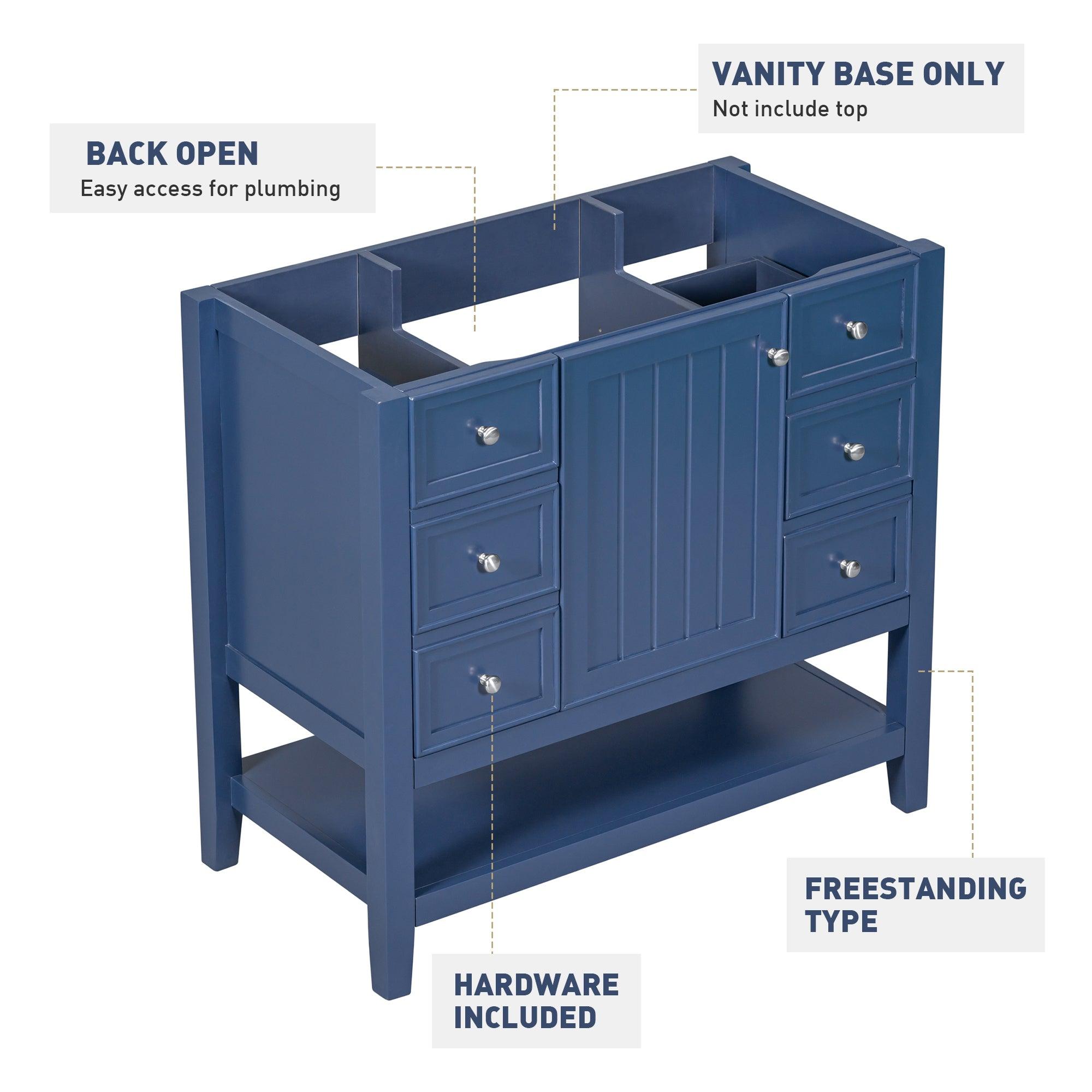 🆓🚛 36" Bathroom Vanity Without Sink, Cabinet Base Only, One Cabinet & Three Drawers, Blue