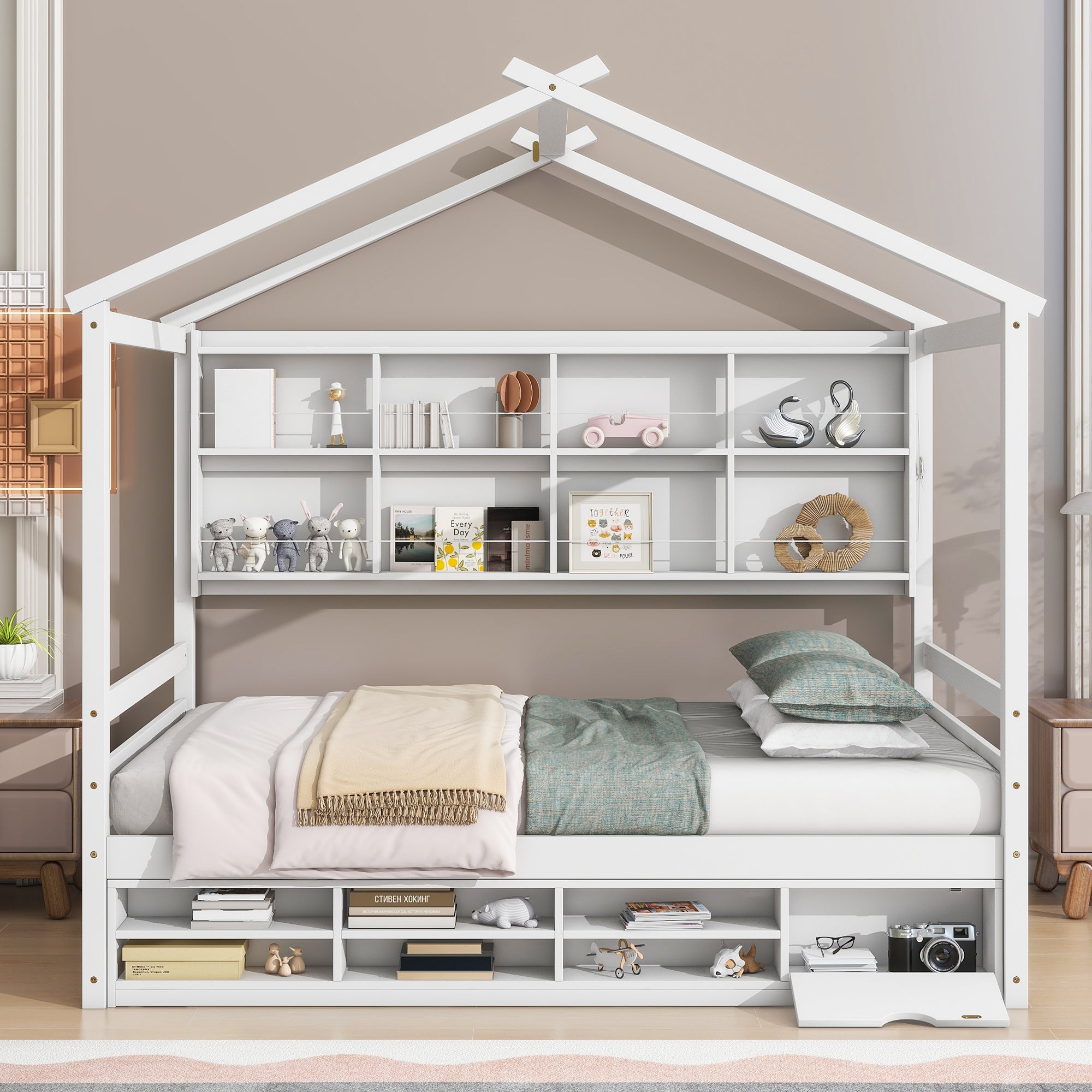 Full House Bed with Roof Frame, Bedside-shelves, Under Bed Storage Unit, White