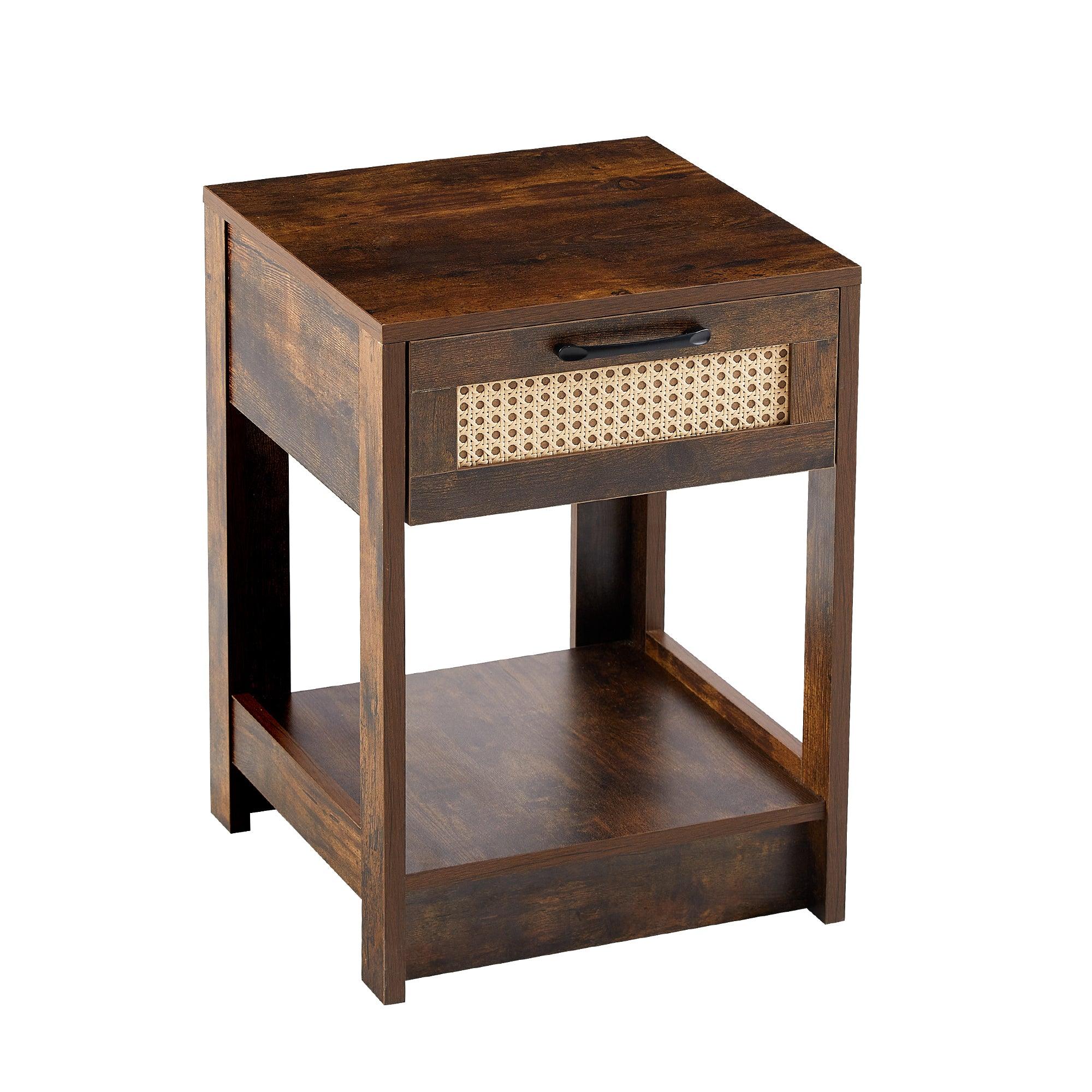 15.75" Rattan End table with  drawer, Modern nightstand, side table for living room, bedroom, Rustic Brown