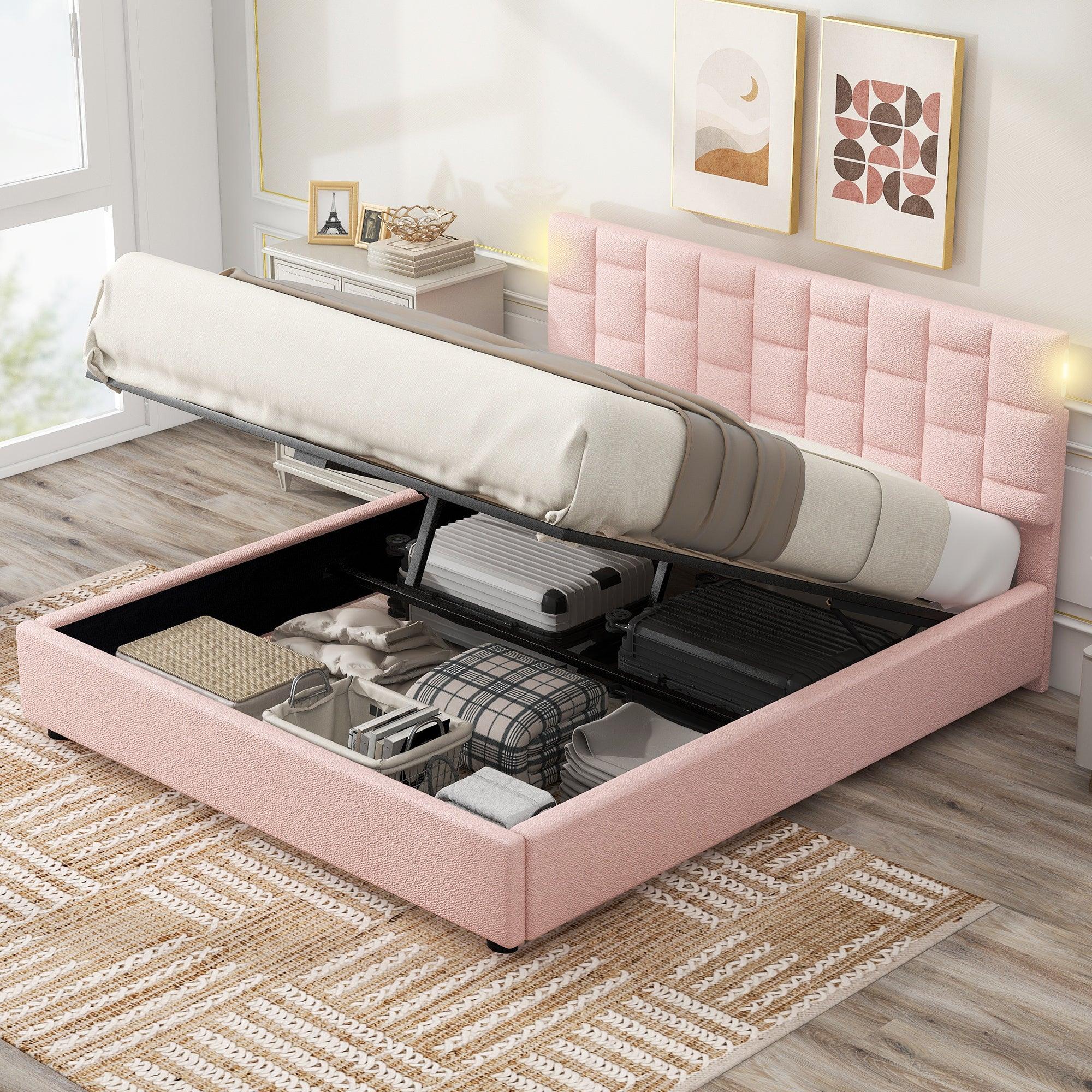 🆓🚛 Queen Size Upholstered Platform bed with Height-adjustable Headboard and Under-bed Storage Space, Pink