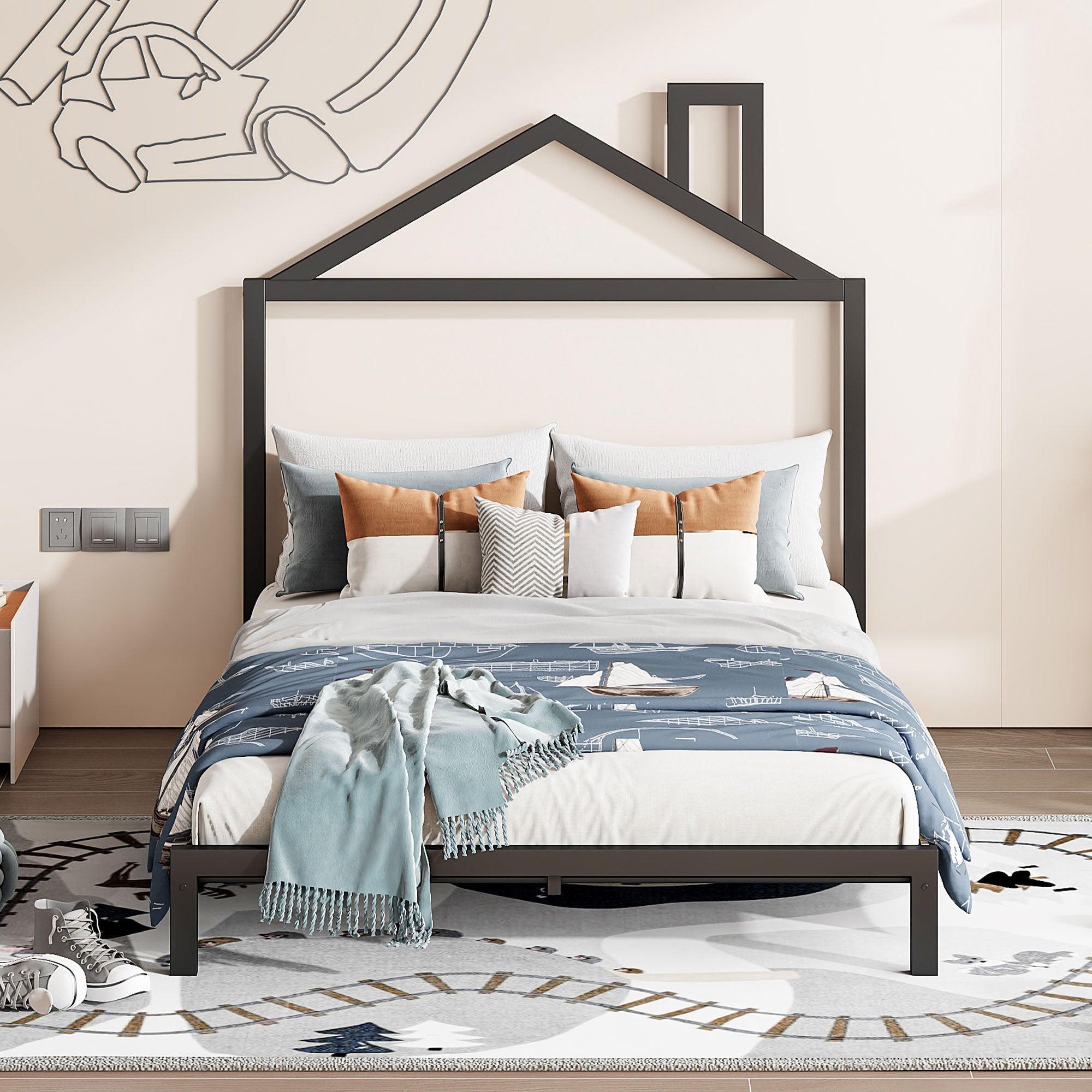 🆓🚛 Full Size Metal Platform Bed With House-Shaped Headboard Design, Black