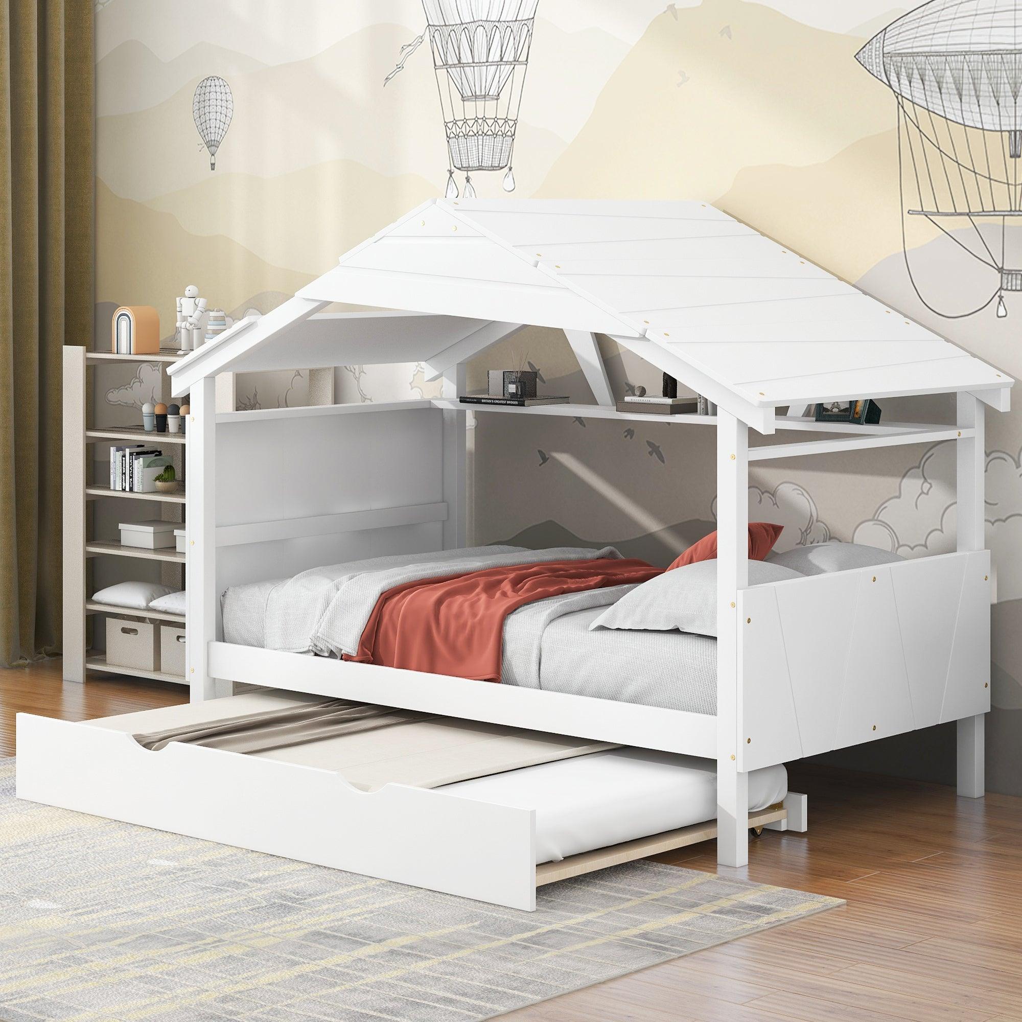 🆓🚛 Wood Twin Size House Bed With Trundle & Storage, White