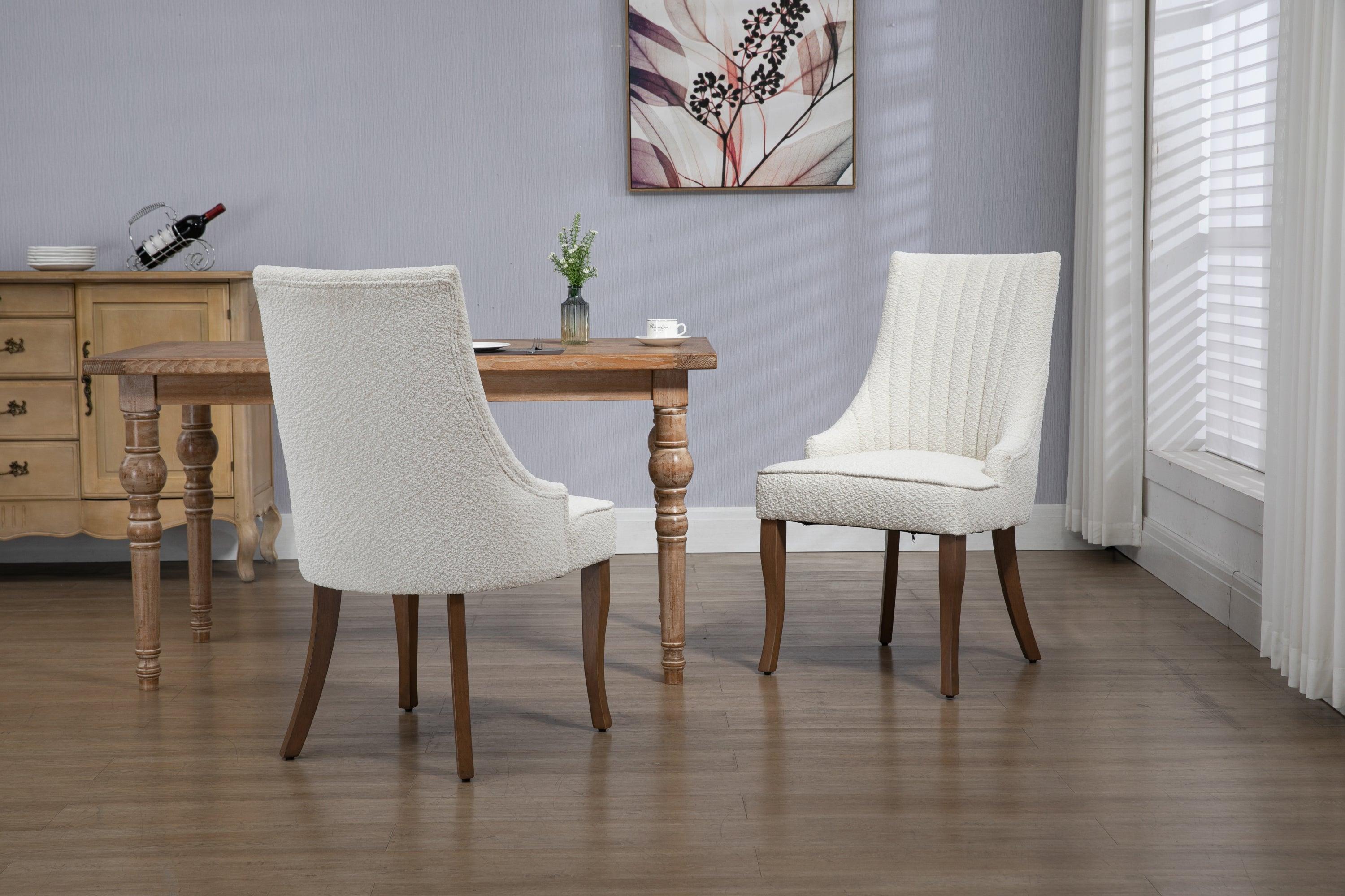 Exquisite White Boucle Upholstered Strip Back Dining Chair with Solid Wood Legs 2 Pcs