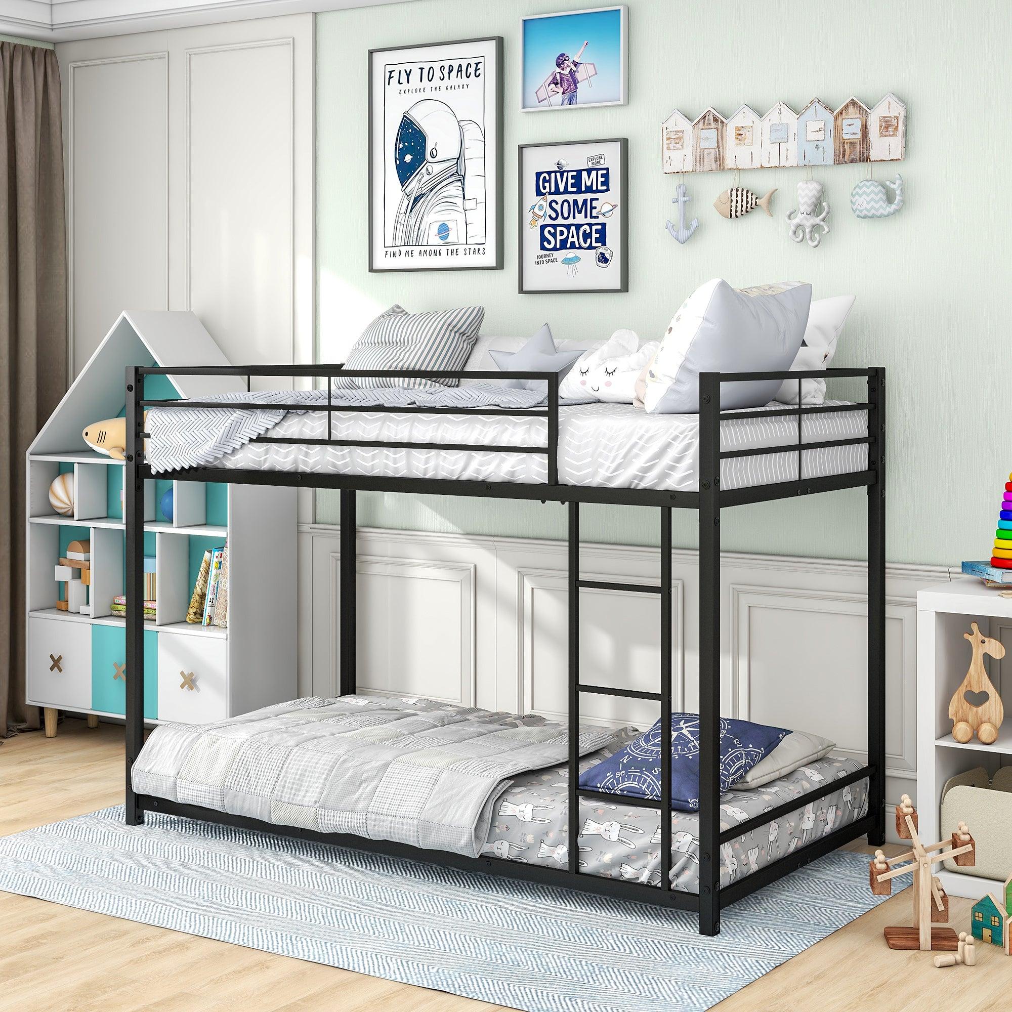 🆓🚛 Metal Bunk Bed Twin Over Twin, Bunk Bed Frame With Safety Guard Rails, Heavy Duty Space-Saving Design, Easy Assembly, Black