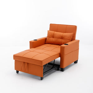 Futon Chair Bed Convertible Chair 3-in-1 Pull Out Sleeper Chair Beds with USB Ports, Wear-resistant and Anti-scratch, Armchair Bed Sleeper for Living Room (Orange Leather)