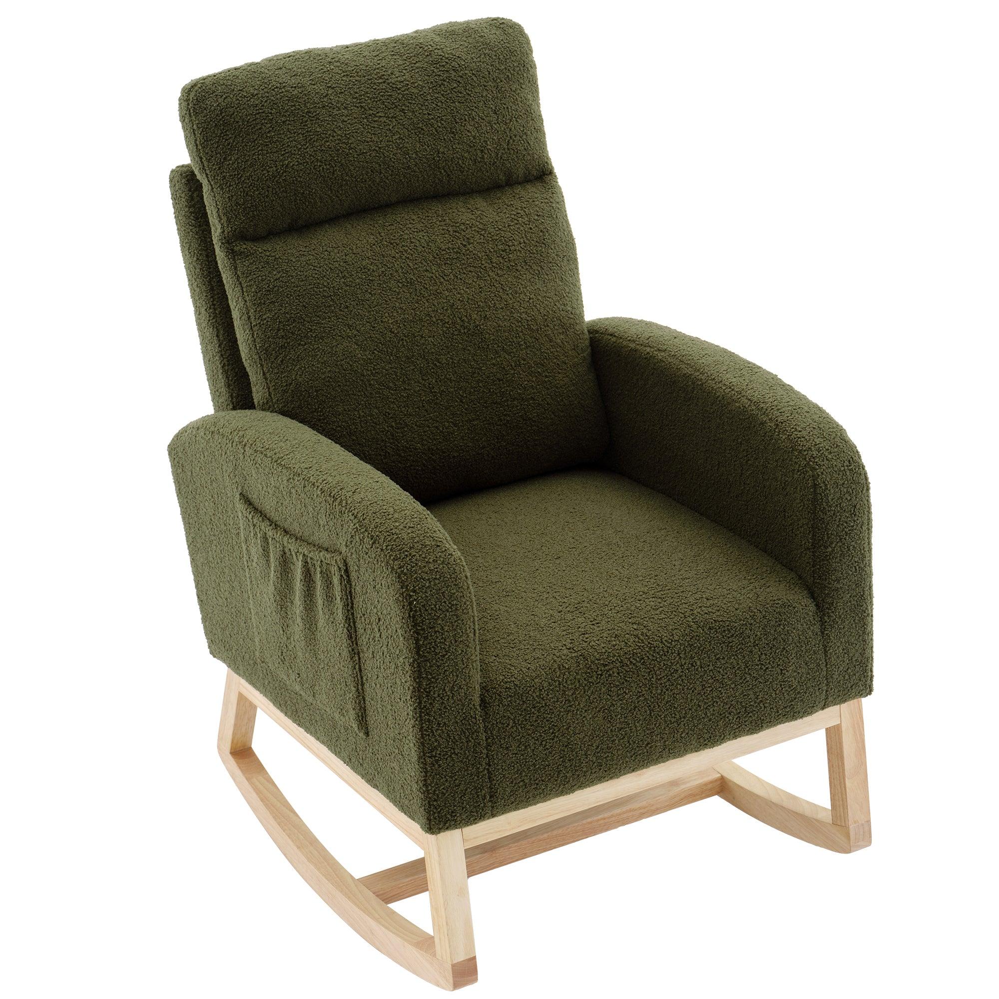 🆓🚛 Modern Accent Rocking Chair With Solid Wood Legs, Upholstered Nursery Glider Rocker, Dark Green