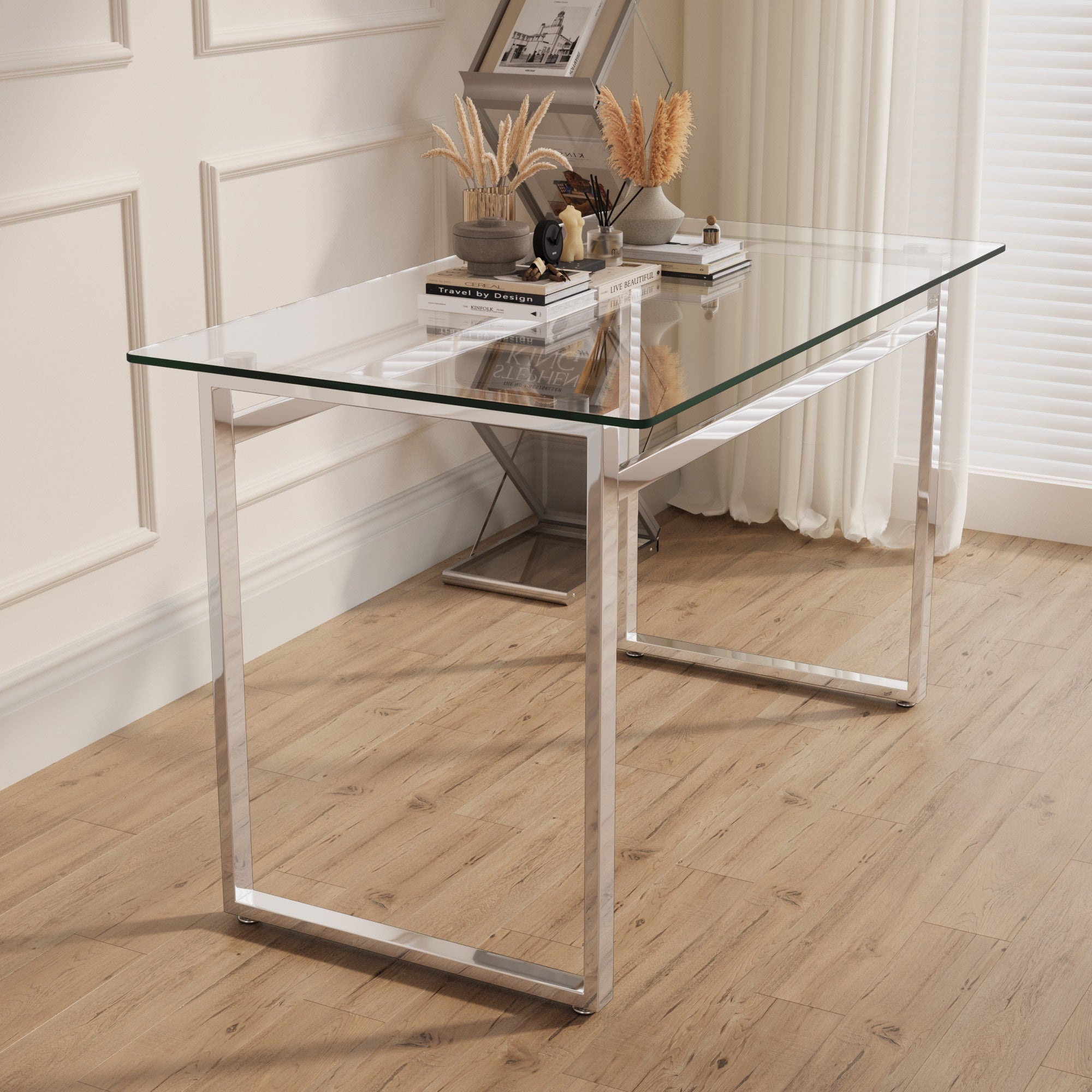 🆓🚛 Modern Minimalist Rectangular Glass Dining Table for 4-6 With 0.31" Tempered Glass Tabletop and Silver Chrome Metal Legs, Writing Table Desk, for Kitchen Dining Living Room, 51" W X 27"D X 30" H