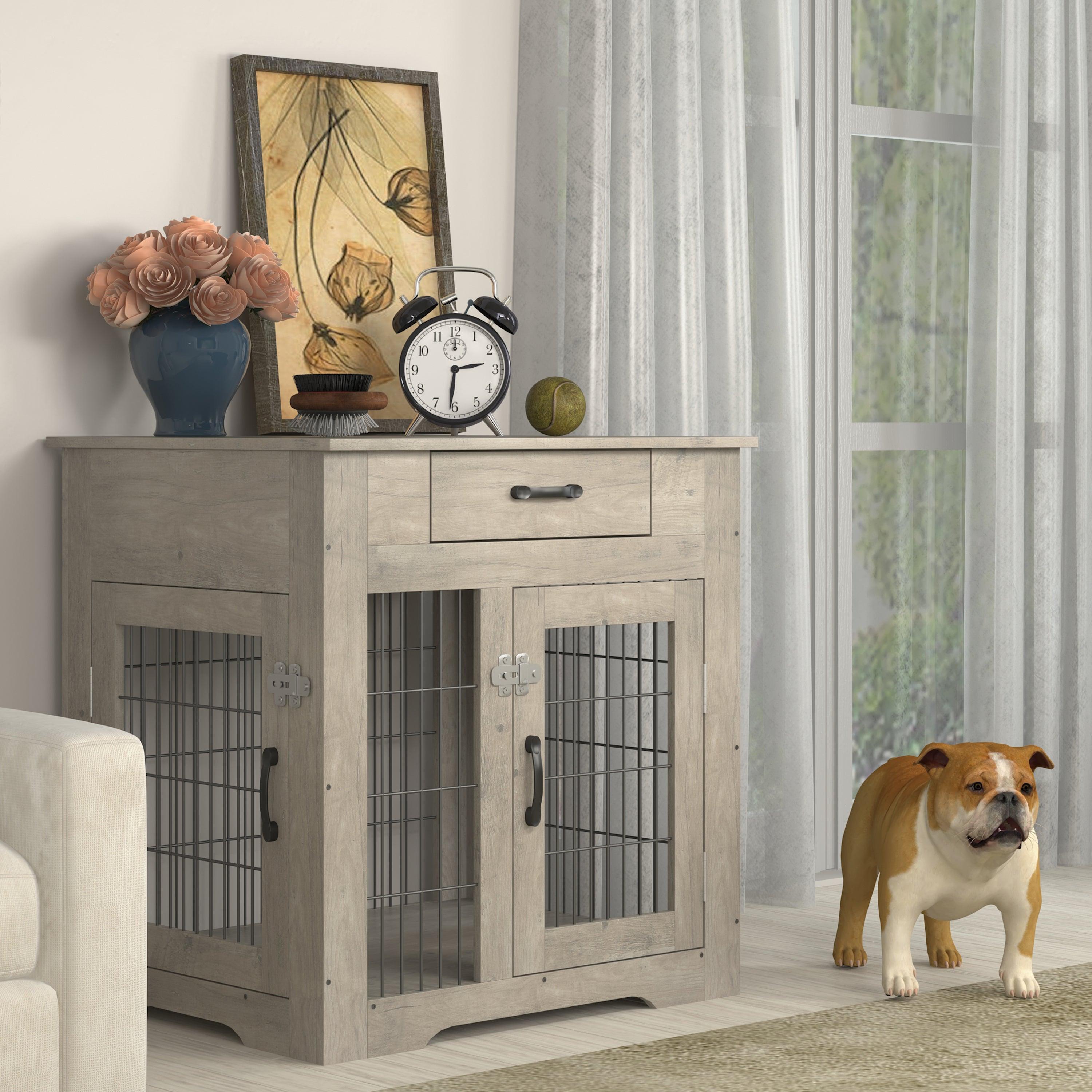 Furniture Style Dog Crate End Table With Drawer, Pet Kennels With Double Doors, Dog House Indoor Use, Grey, 29.9'' W X 24.8'' D X 30.71'' H.